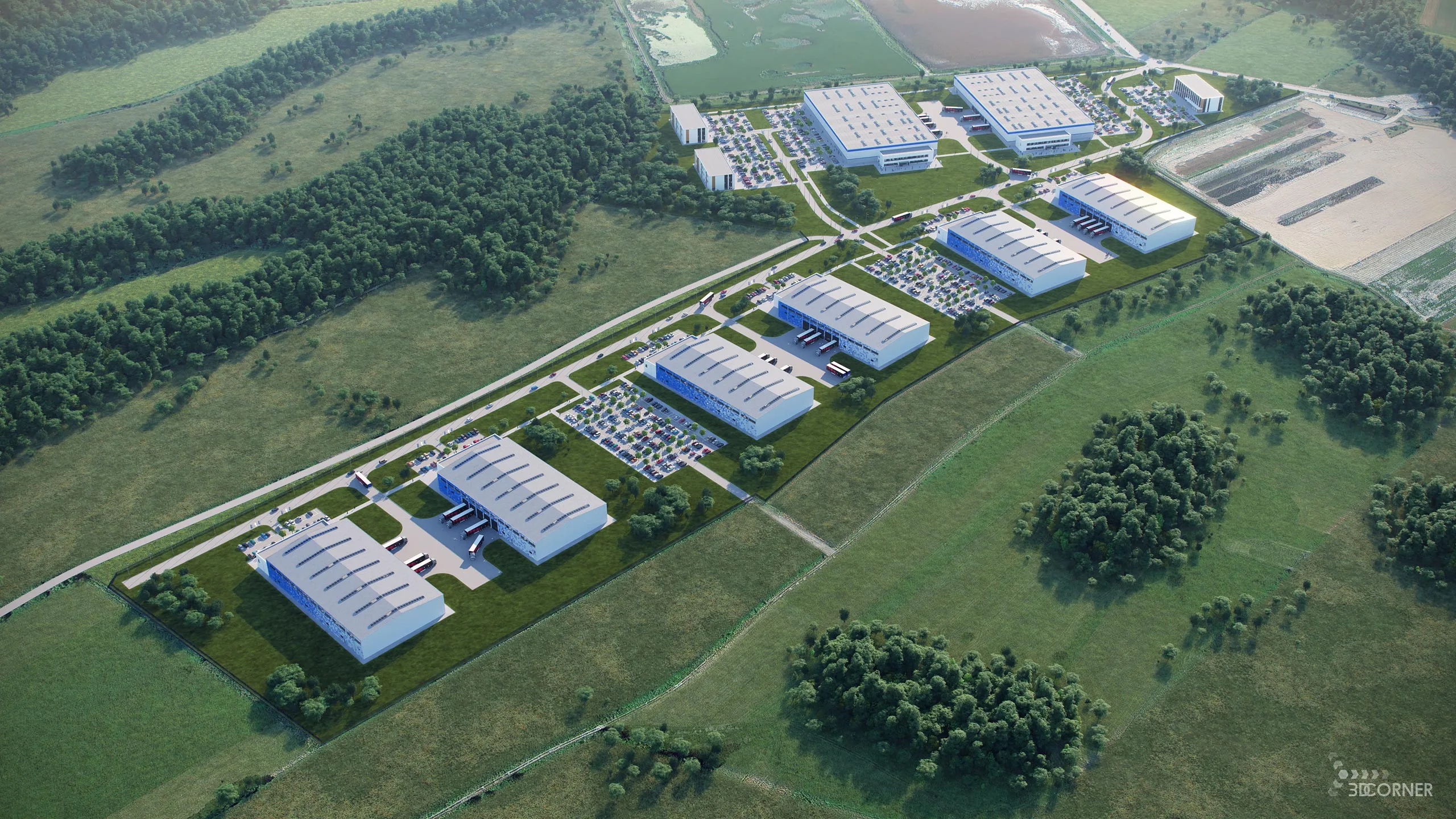 visualization exterior photorealistic birdseye distribution center 3dcorner
