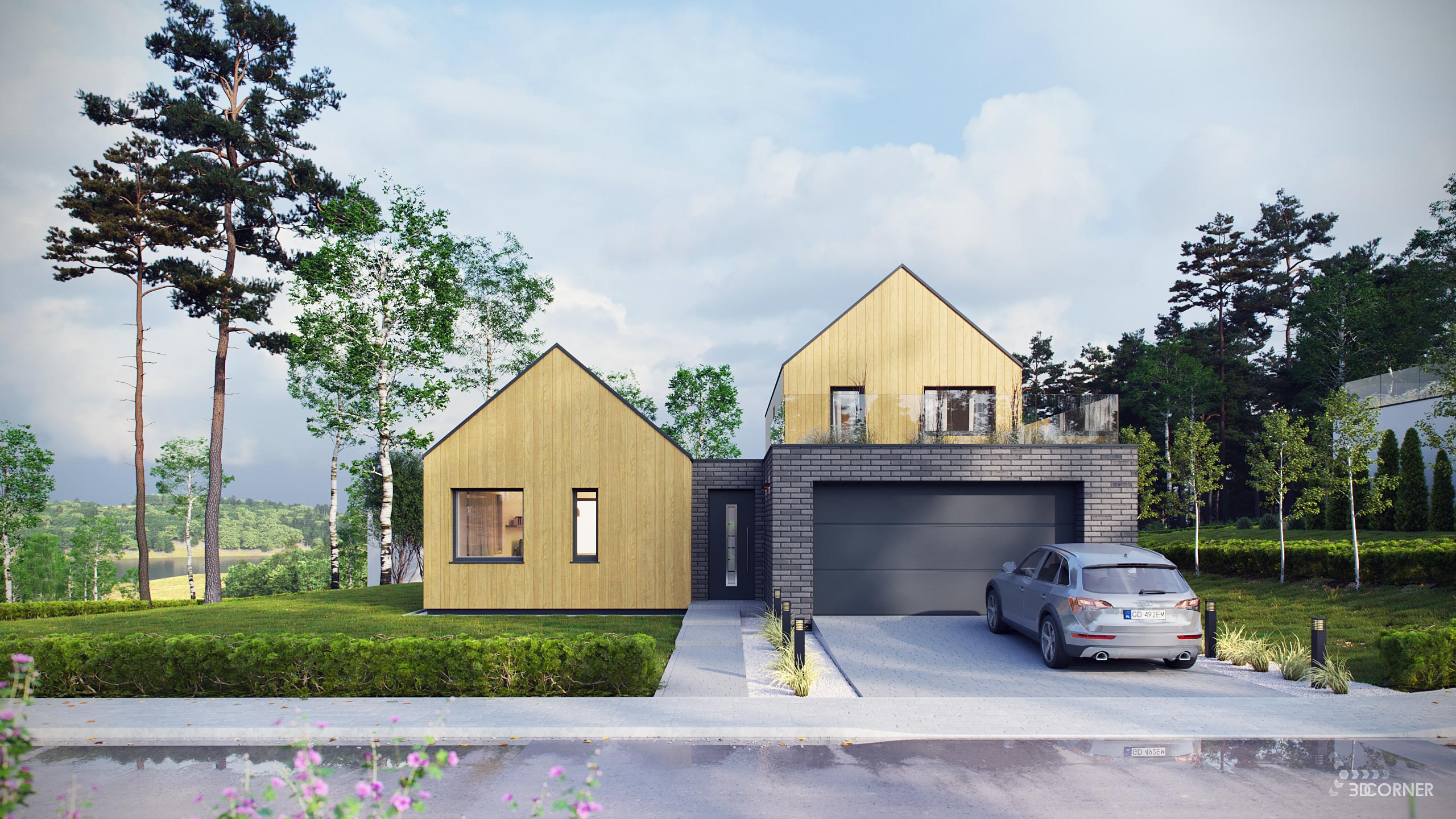visualization exterior photorealistic modern house entrance 3dcorner