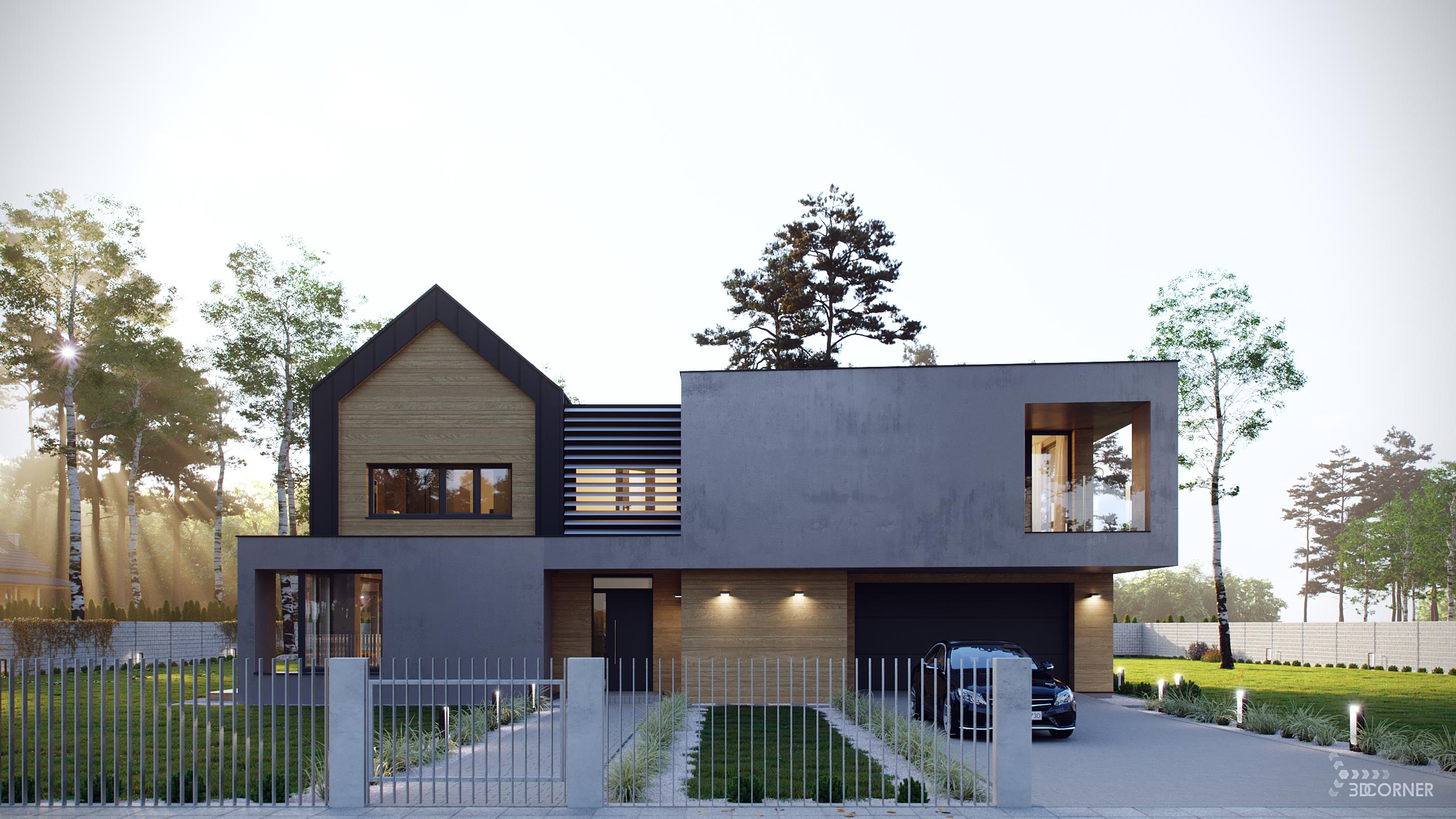 visualization exterior photorealistic modern house entrance enface 3dcorner