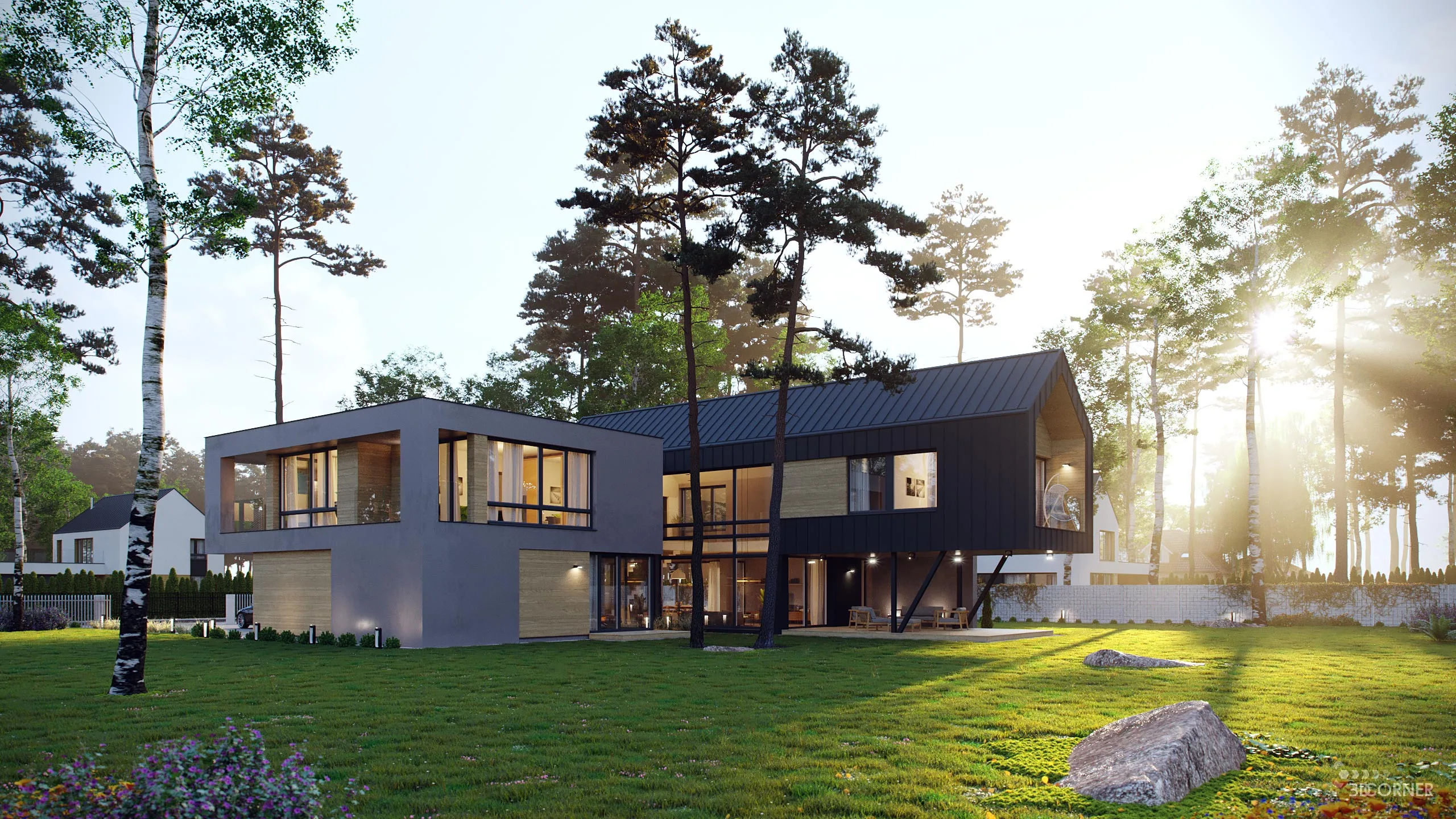visualization exterior photorealistic modern house backyard sunrise 3dcorner
