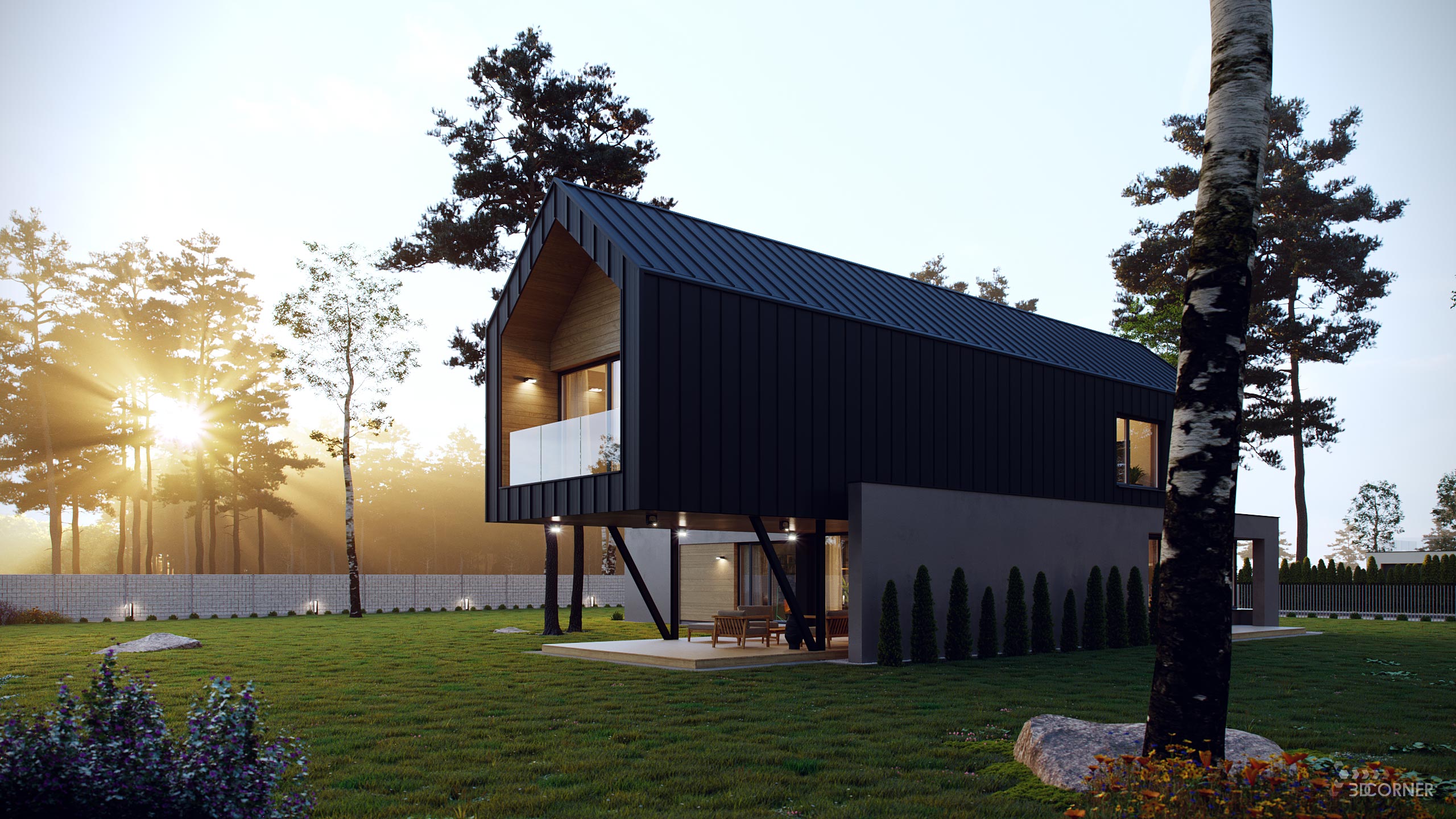 visualization exterior photorealistic modern house backyard sunrise 3dcorner