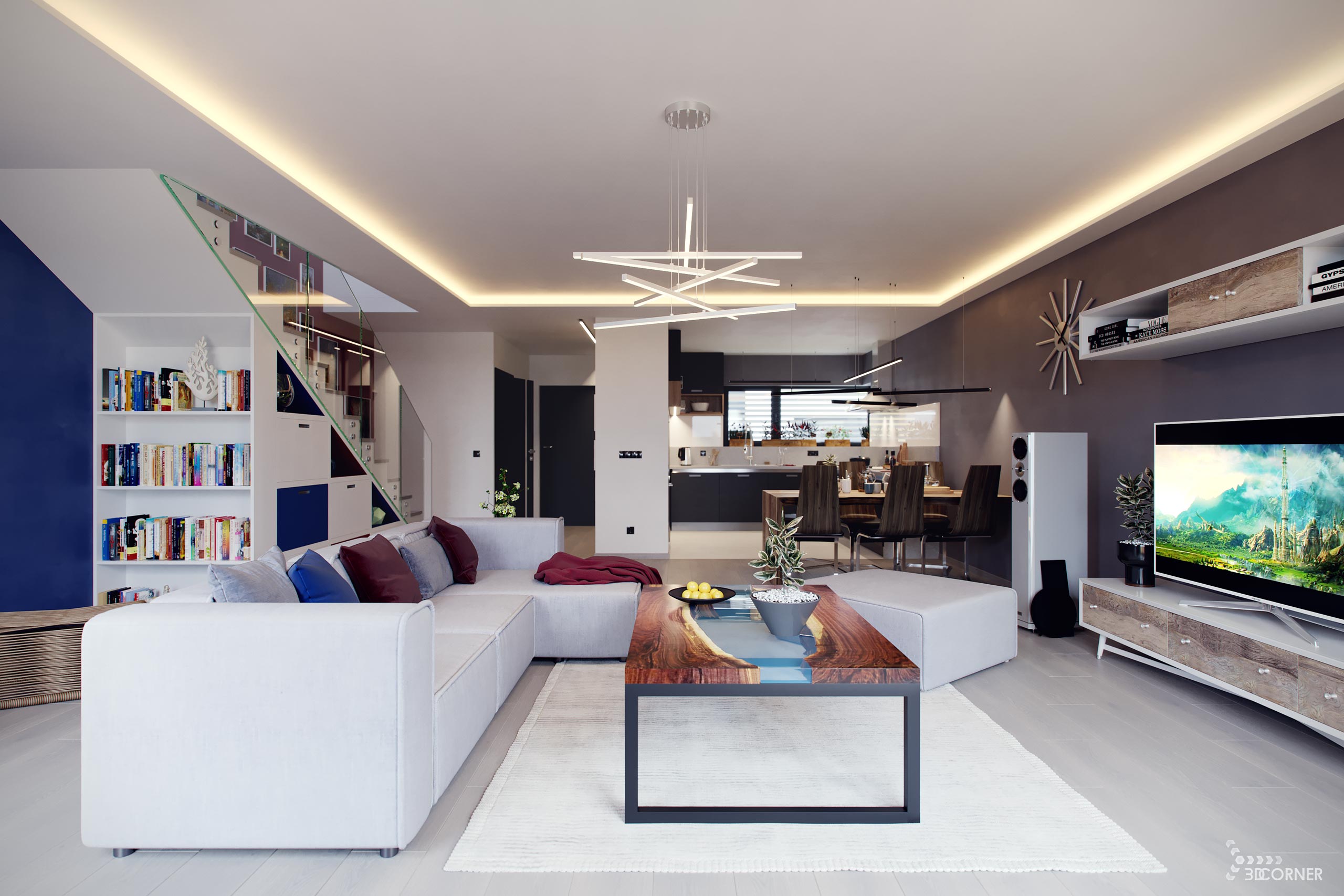 visualization interior and virtual tour photorealistic modern salon white gray red blue 3dcorner