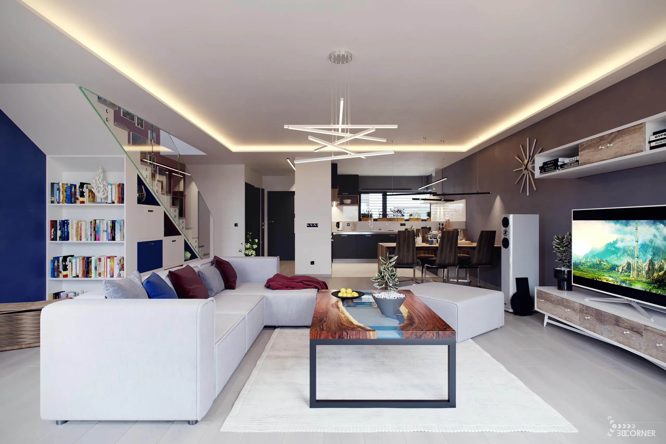 visualization interior and virtual tour photorealistic modern salon white gray red blue 3dcorner
