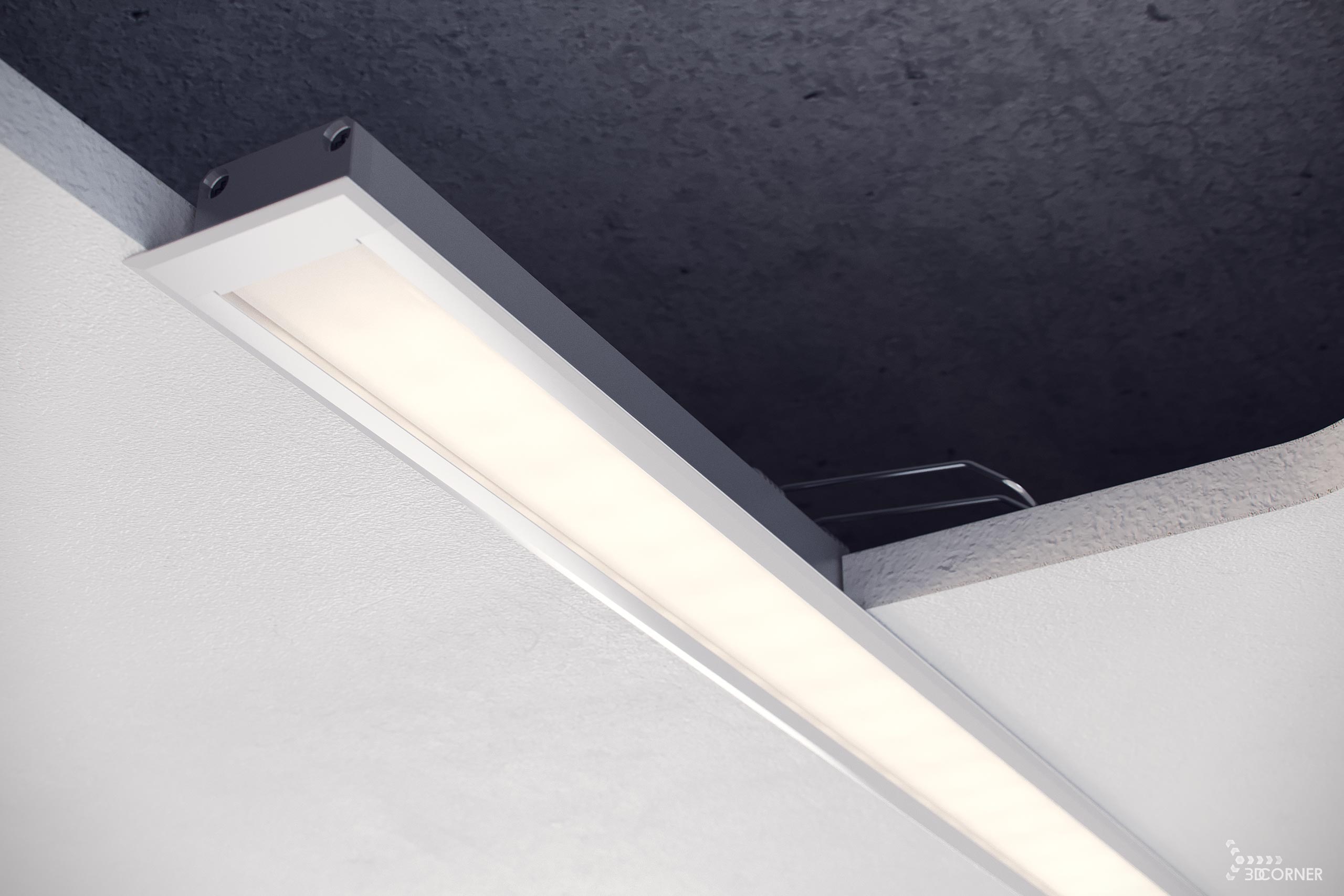 Photorealistic visualization of installation and plaster instructions for LED strip aluminium profile.