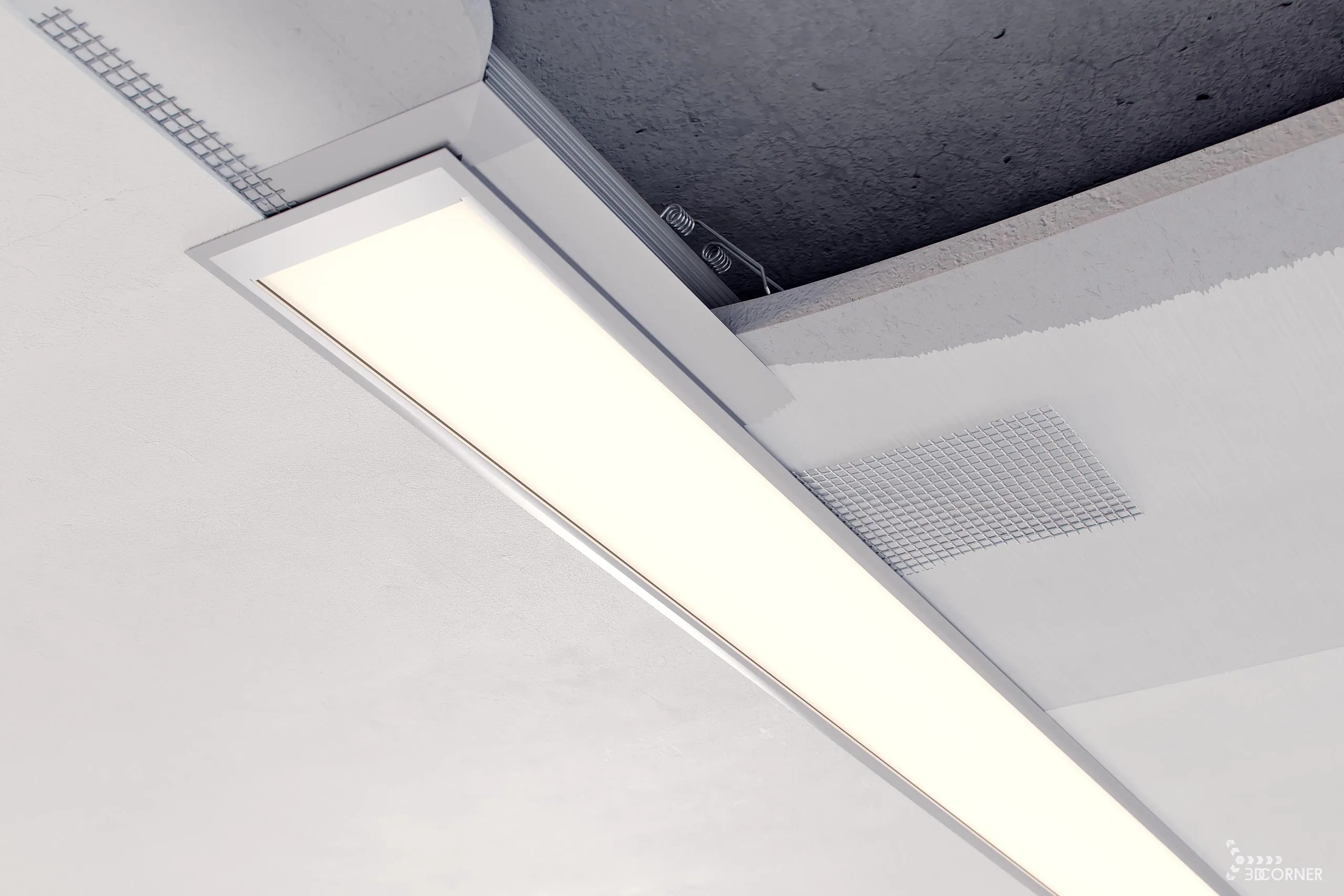 Photorealistic visualization of installation and plaster instructions for LED strip aluminium profile