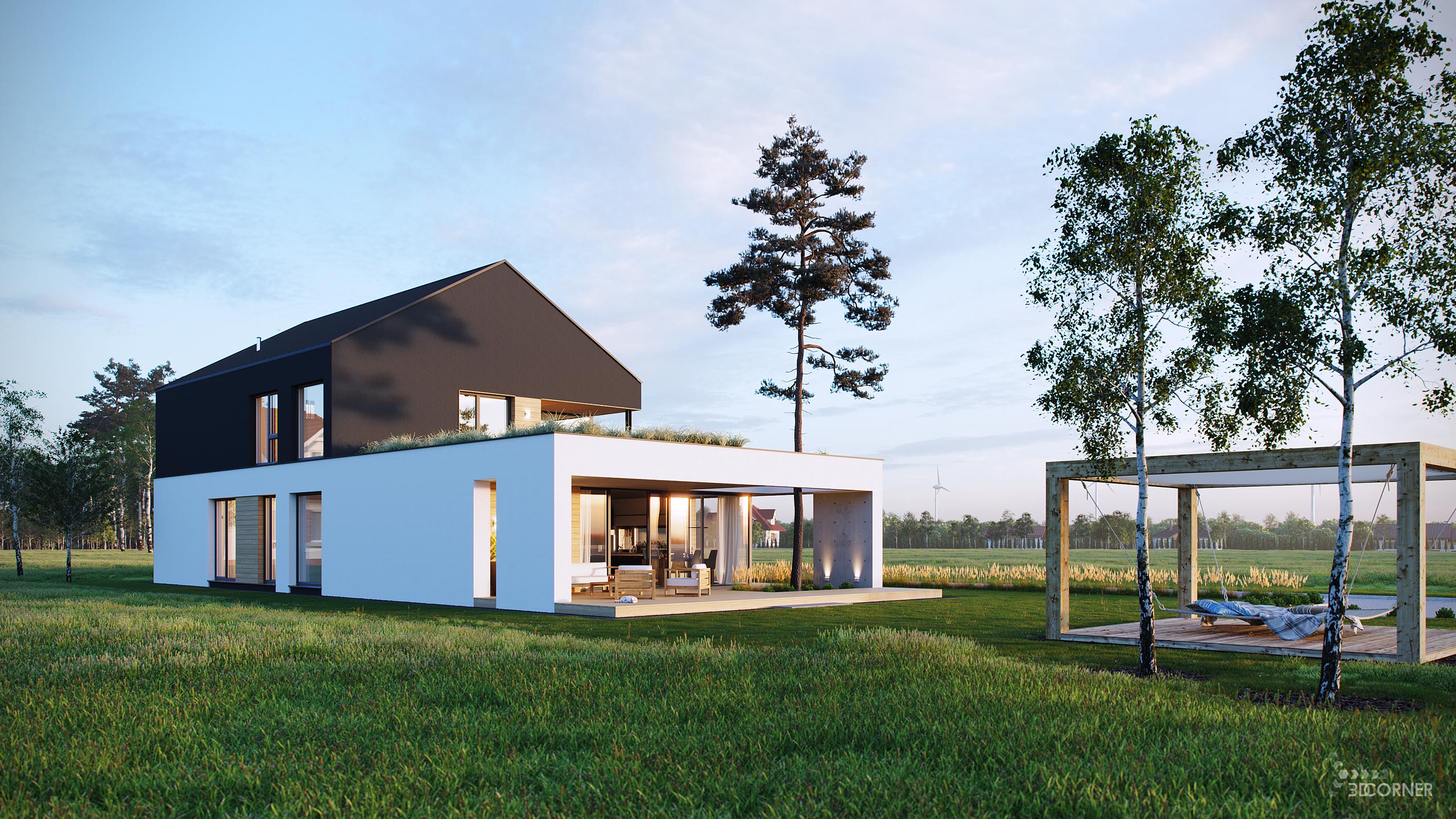 Photorealistic exterior visualization of modern house backyard.