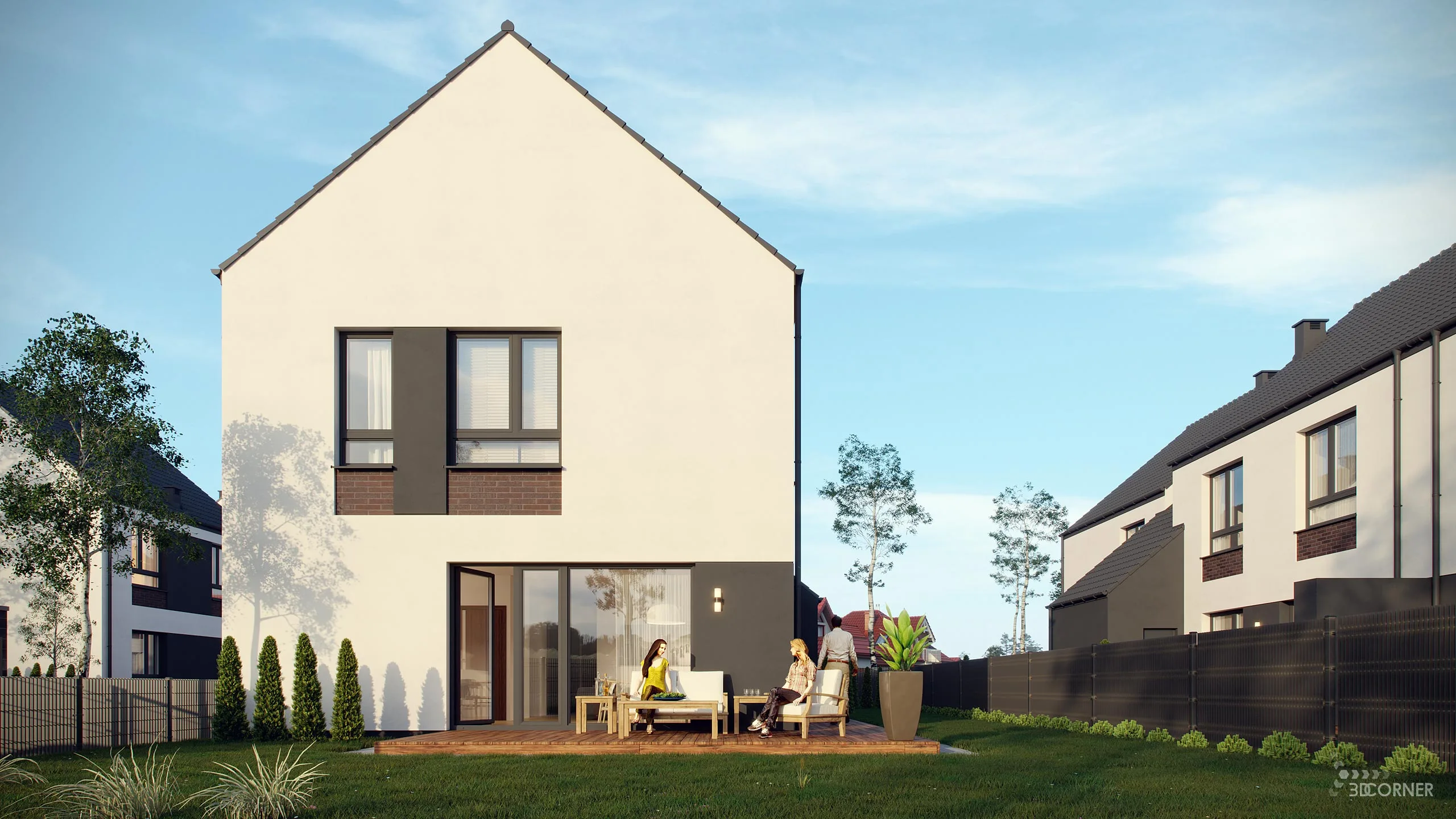 visualization exterior photorealistic modern residential architecture backyard terrace 3dcorner