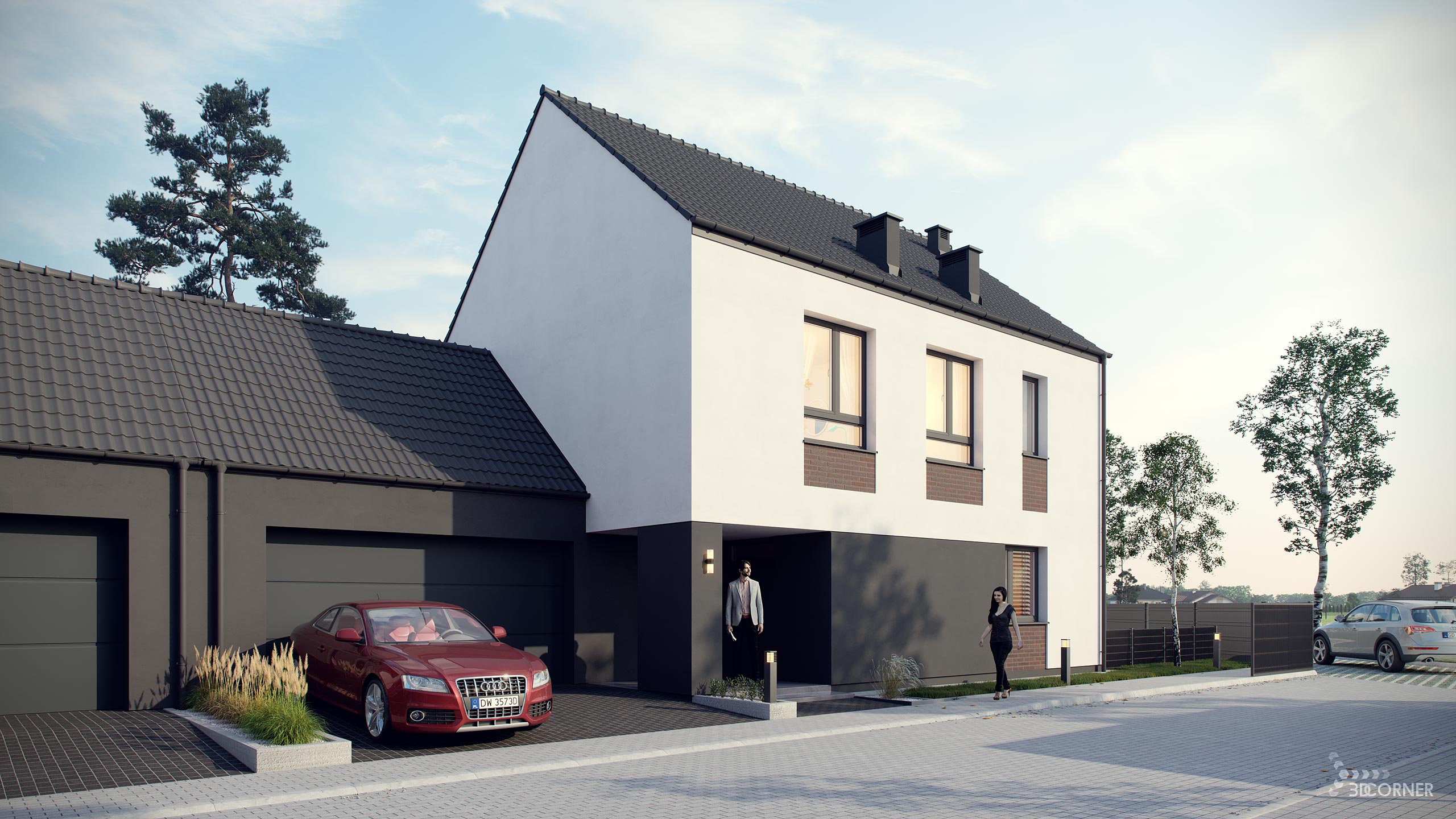 visualization exterior photorealistic modern residential architecture entrance garage 3dcorner