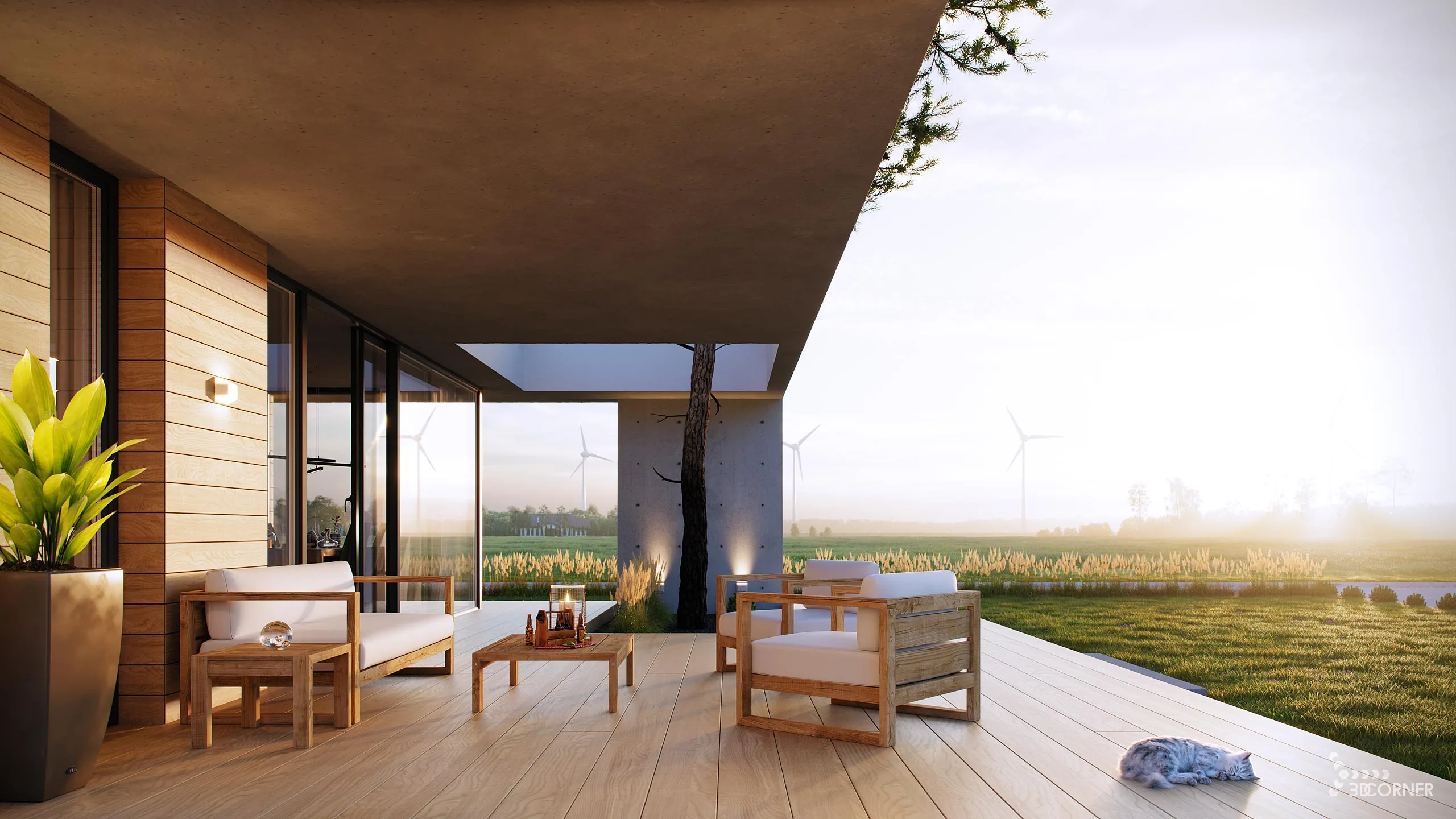 Photorealistic exterior visualization of modern house terrace.