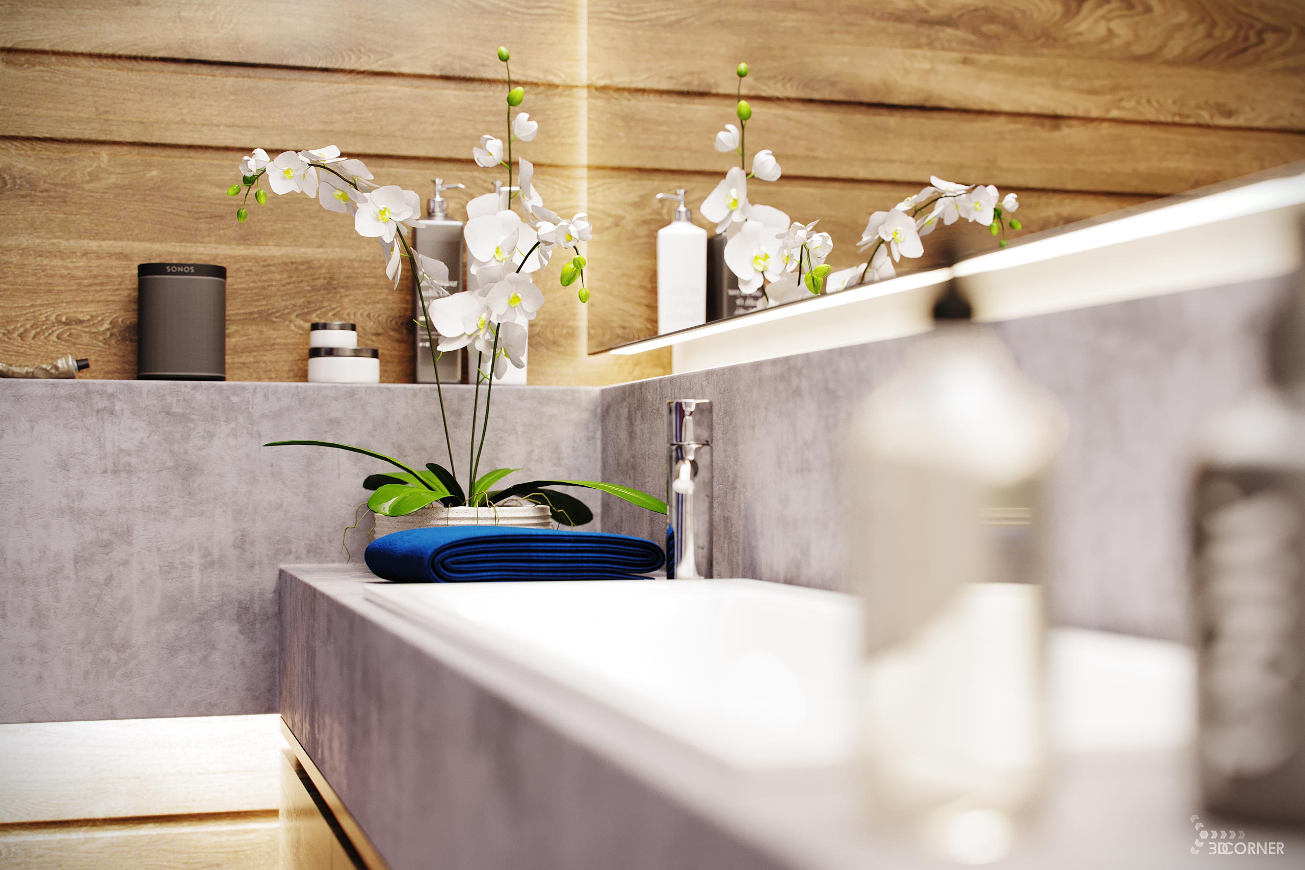visualization interior photorealistic modern bathroom concrete wood detail 3dcorner