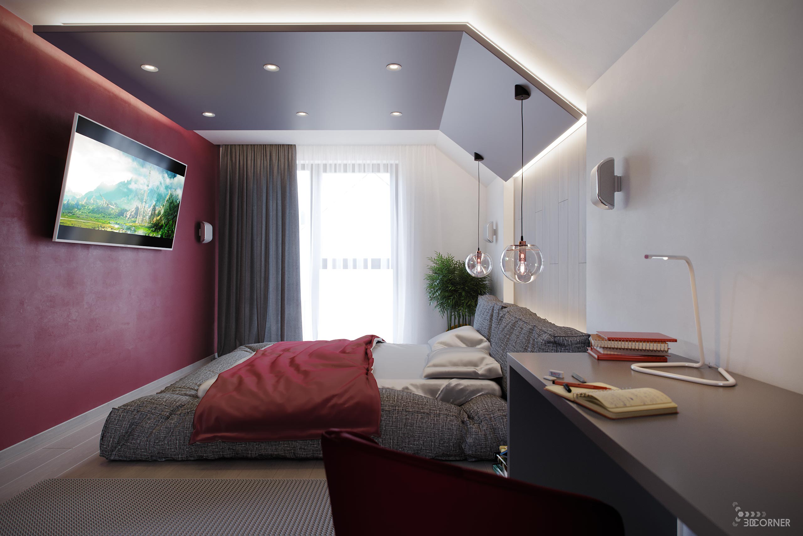 visualization interior photorealistic modern bedroom gray red 3dcorner