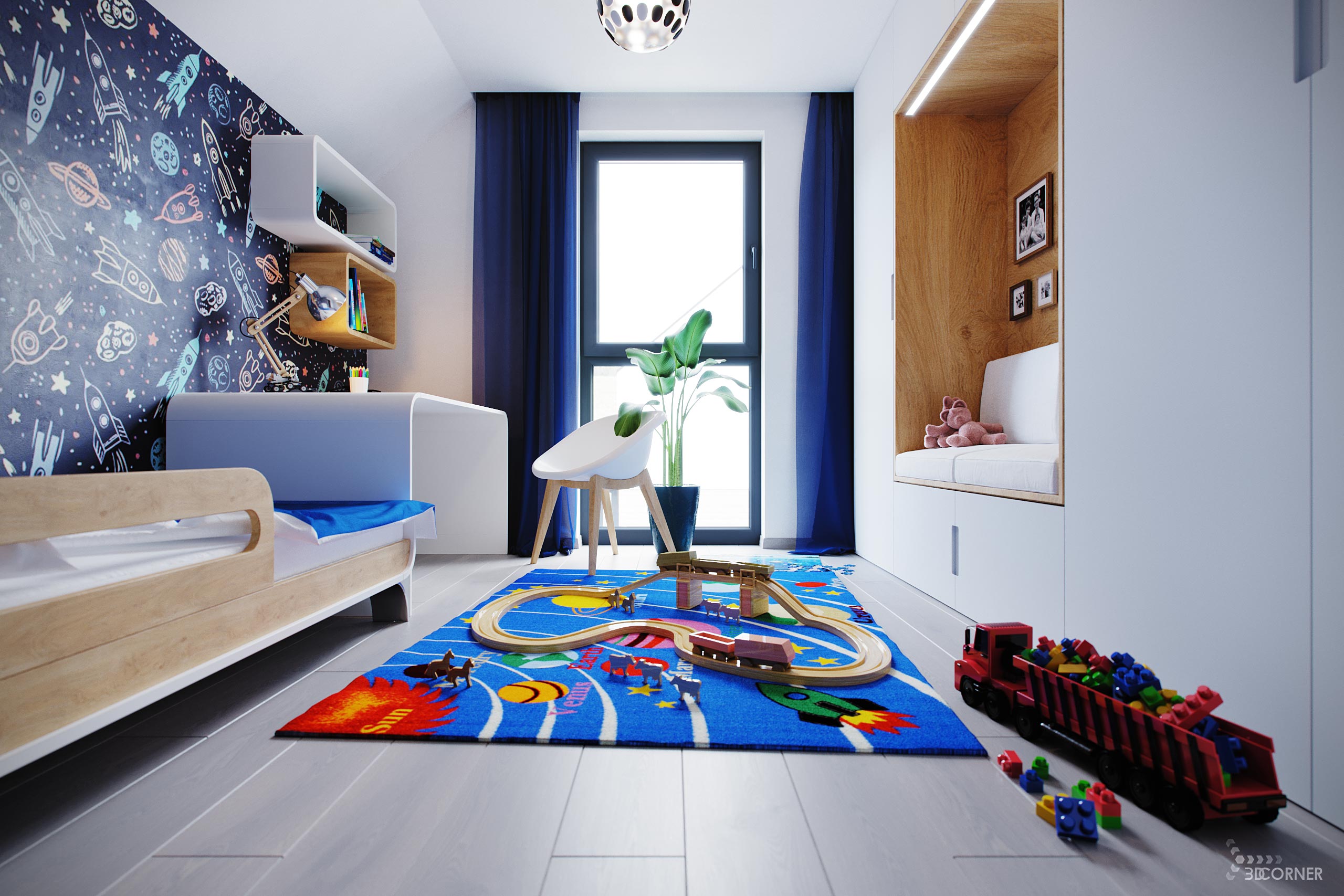 visualization interior photorealistic modern childr room white wood blue 3dcorner