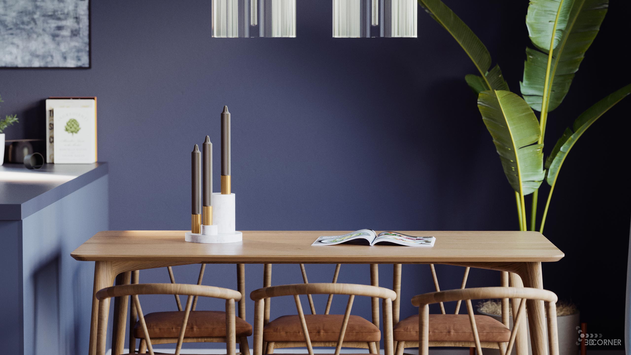 visualization interior photorealistic modern dining table navy blue wood 3dcorner