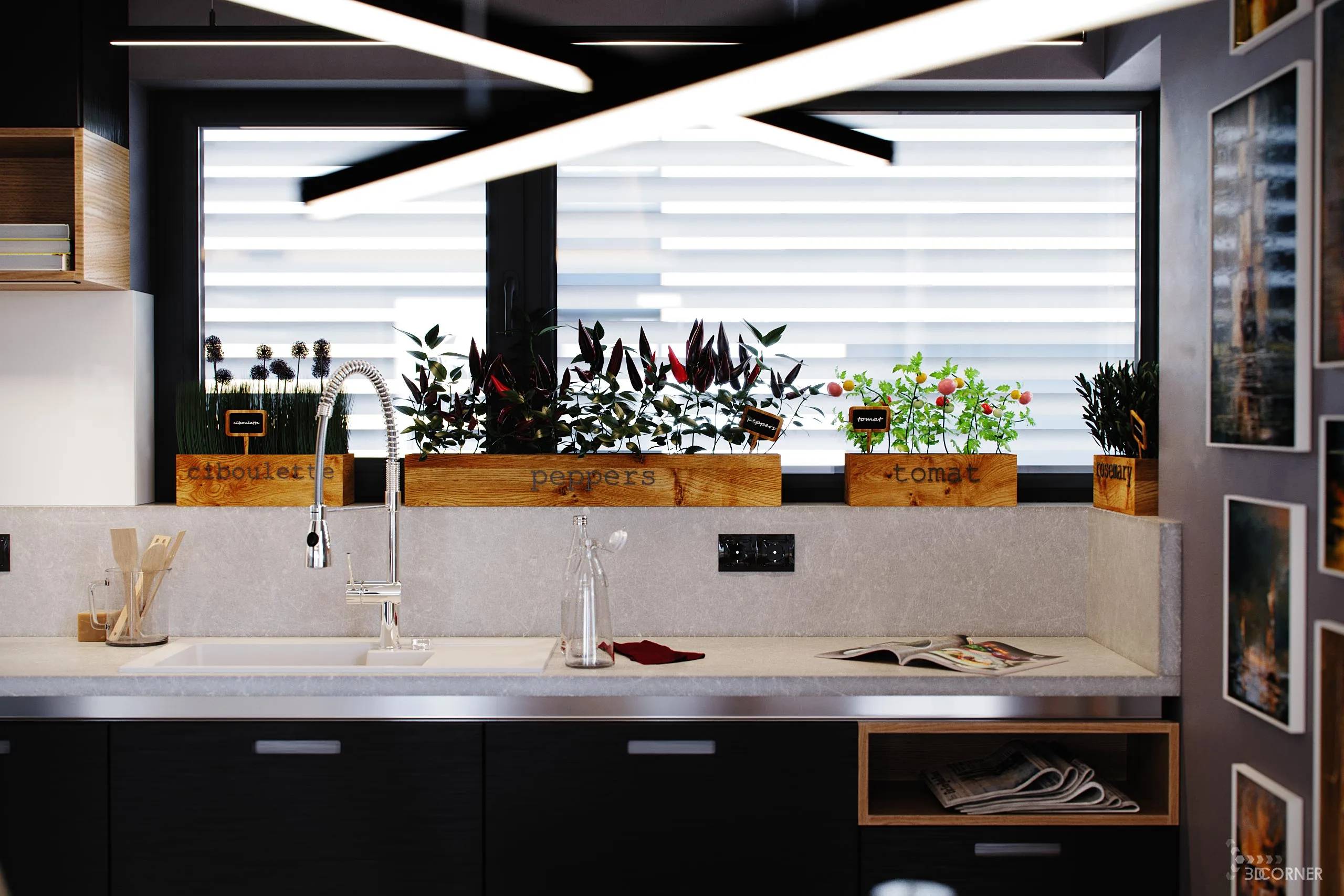 interior visualization of photorealistic kitchen white black wood