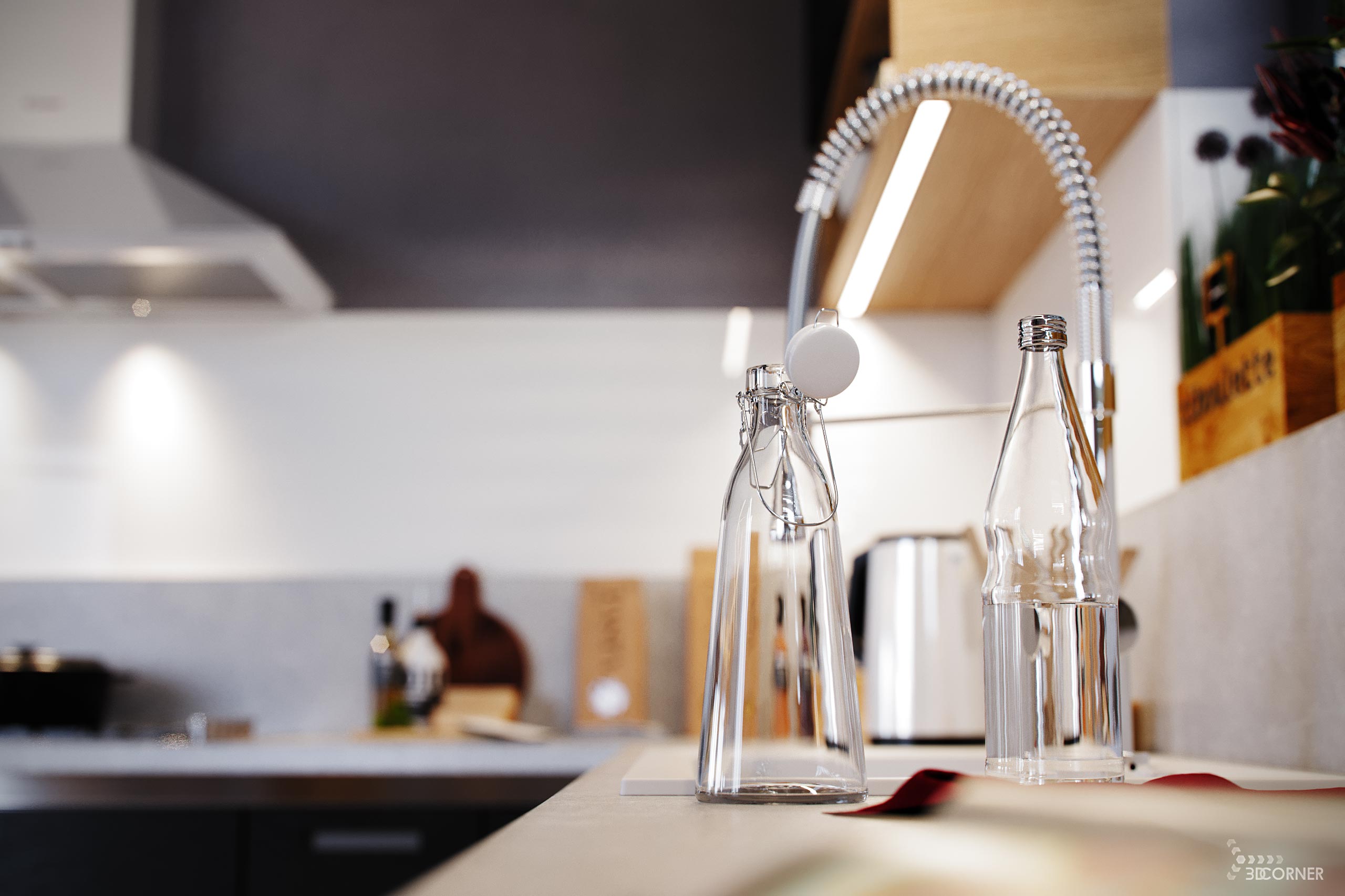visualization interior photorealistic modern kitchen white black wood