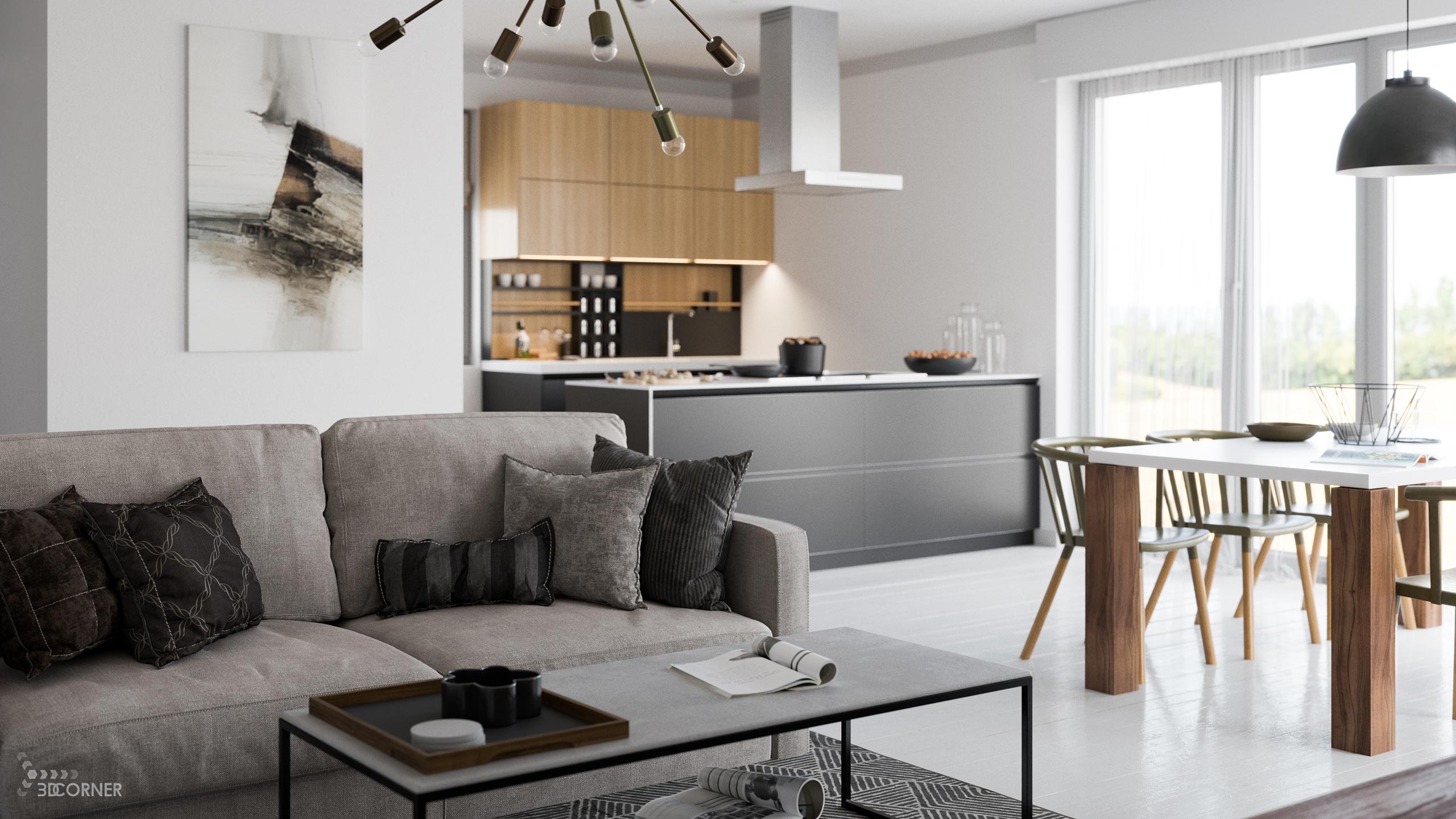 visualization interior photorealistic modern salon kitchen white gray wood 3dcorner