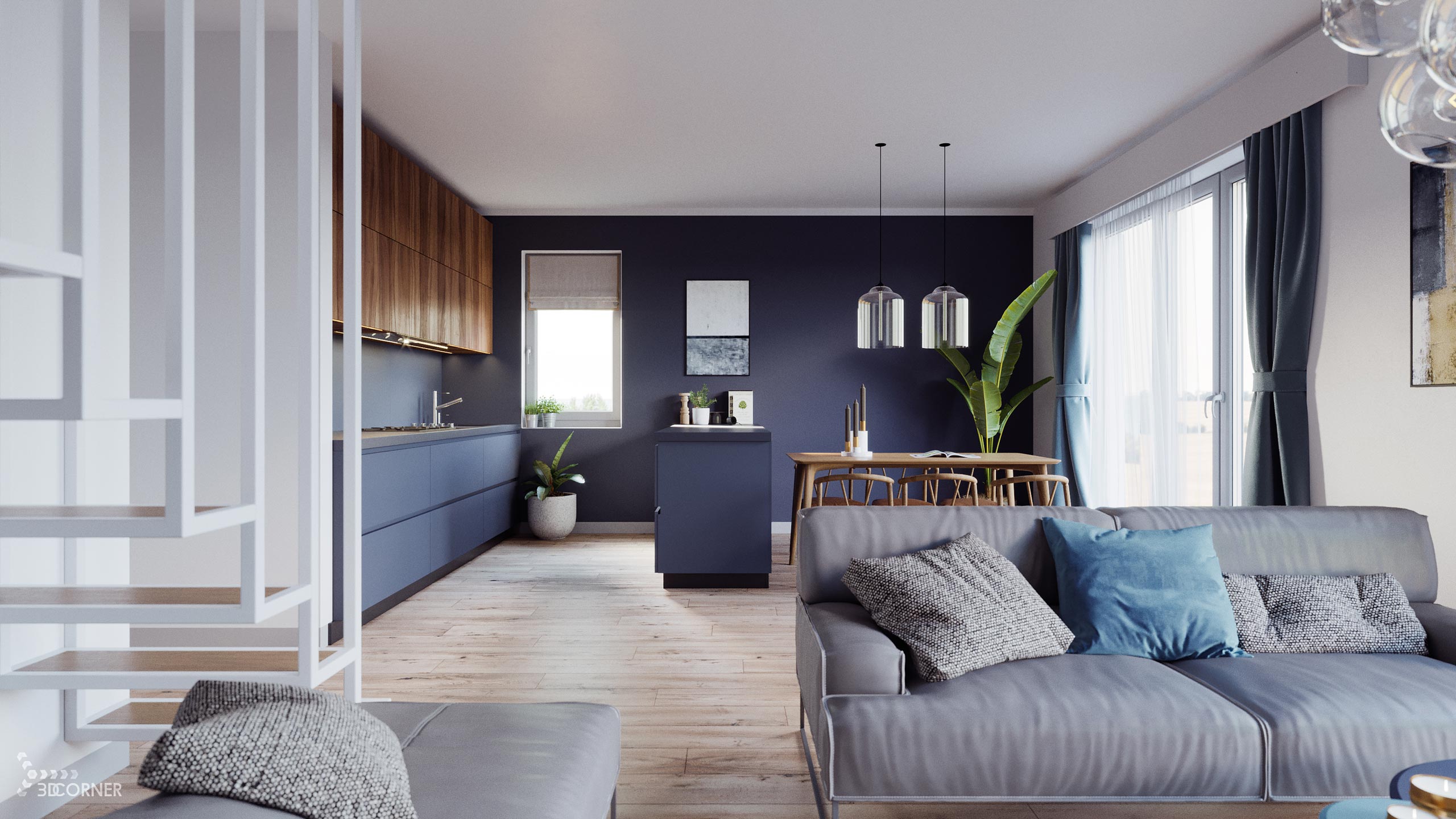 visualization interior photorealistic modern salon kitchen white navy blue wood 3dcorner