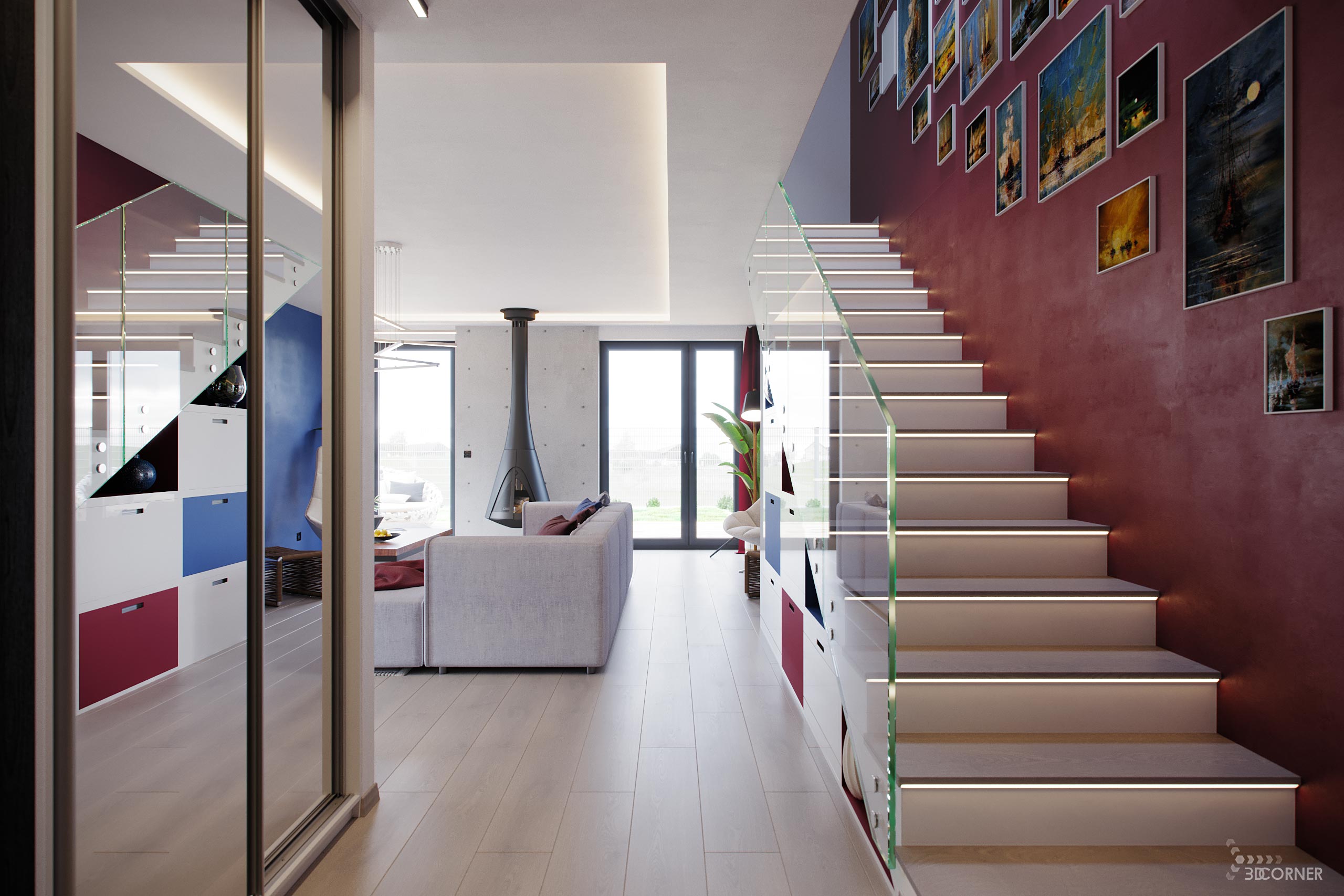 visualization interior photorealistic modern salon stairs white blue red 3dcorner