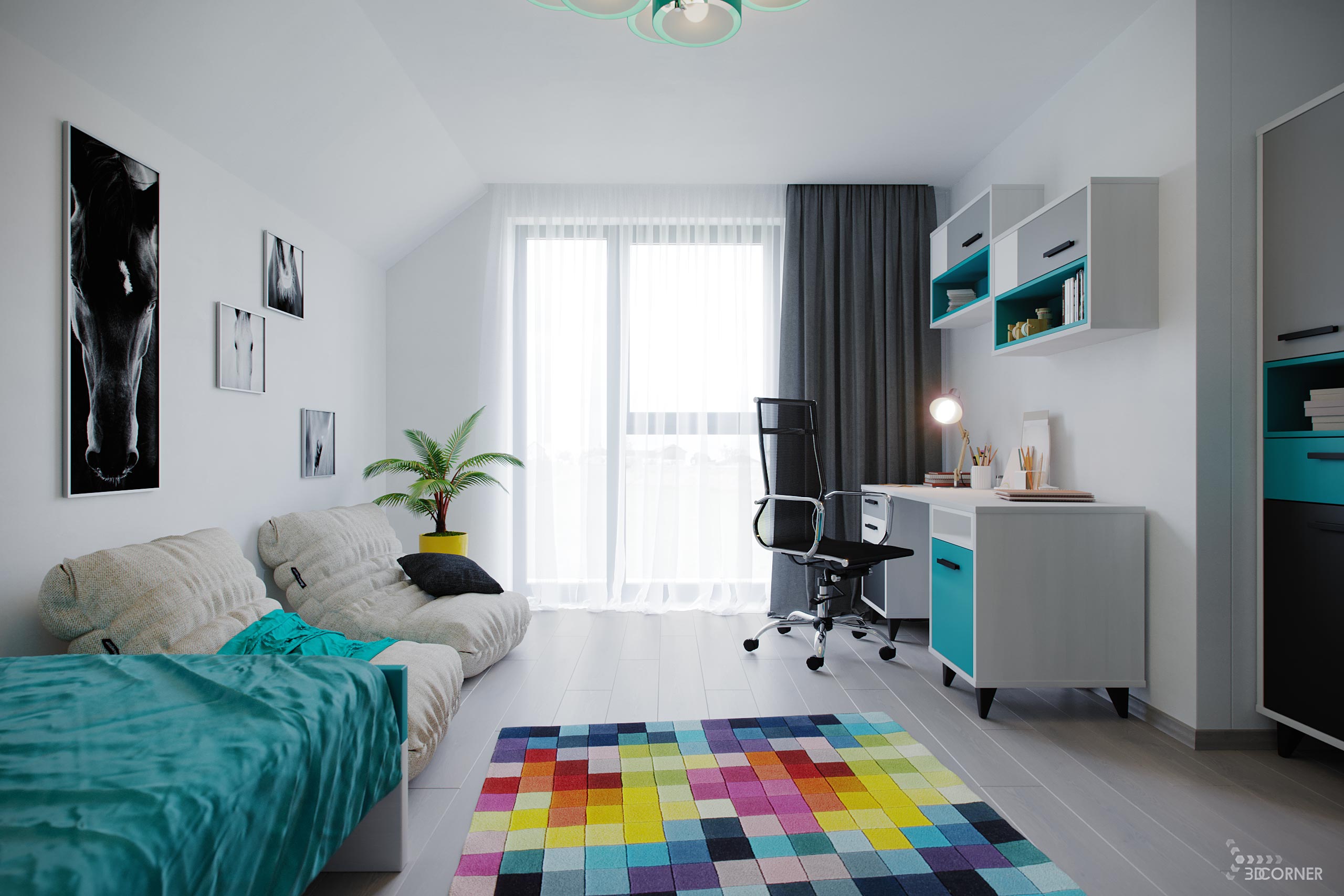 visualization interior photorealistic modern teen room white turquoise 3dcorner