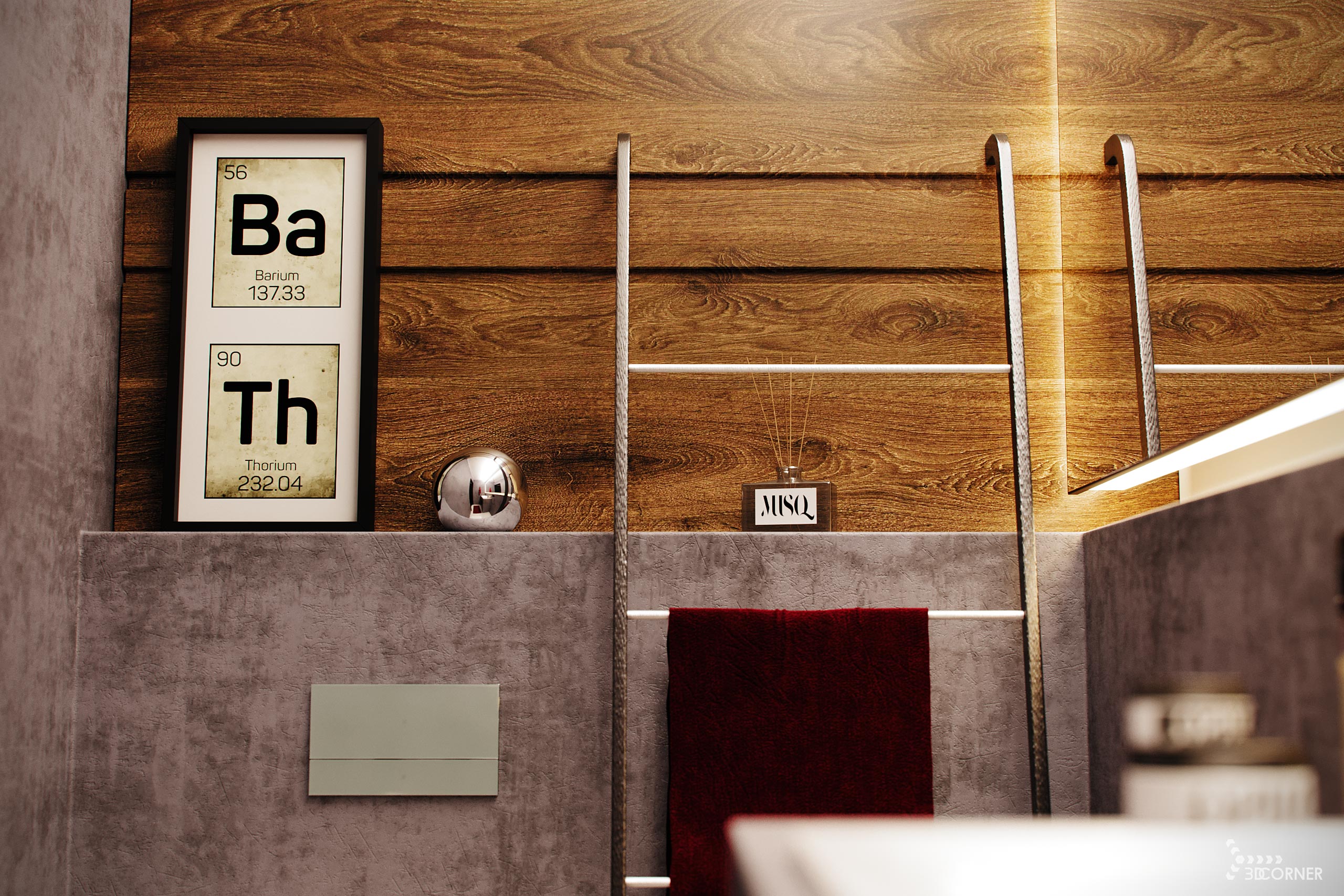 Interior visualization of modern concrete bathroom with wooden wall.