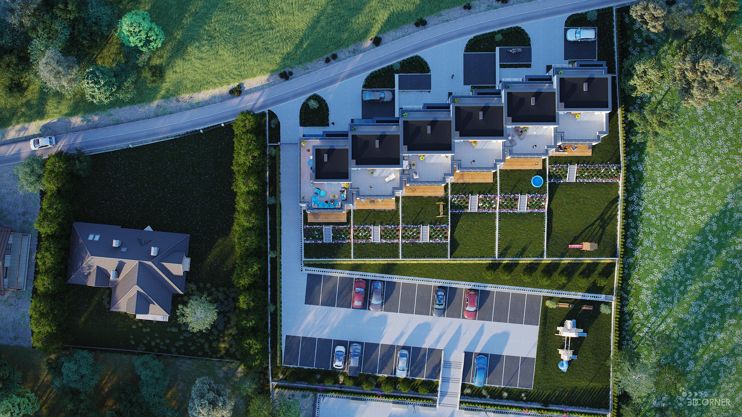 visualization exterior photorealistic modern architecture apartment top view birdeye 3dcorner