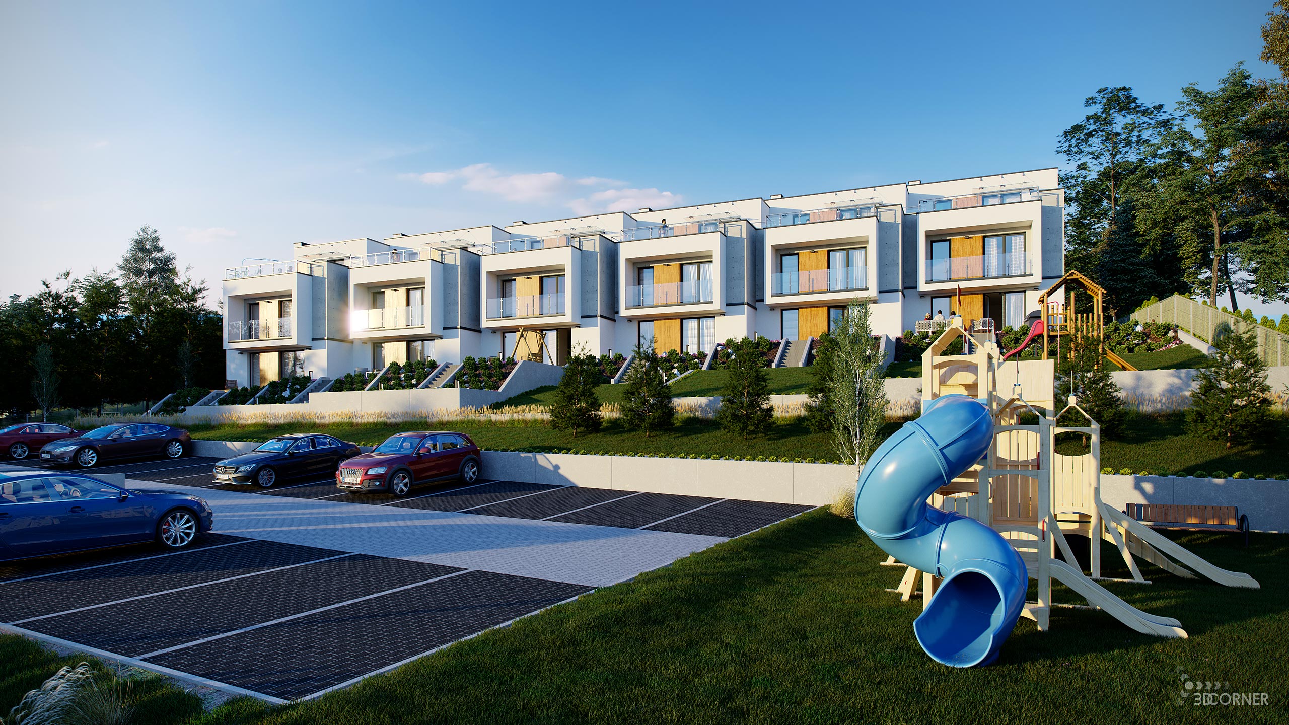 visualization exterior photorealistic modern architecture apartment playground 3dcorner