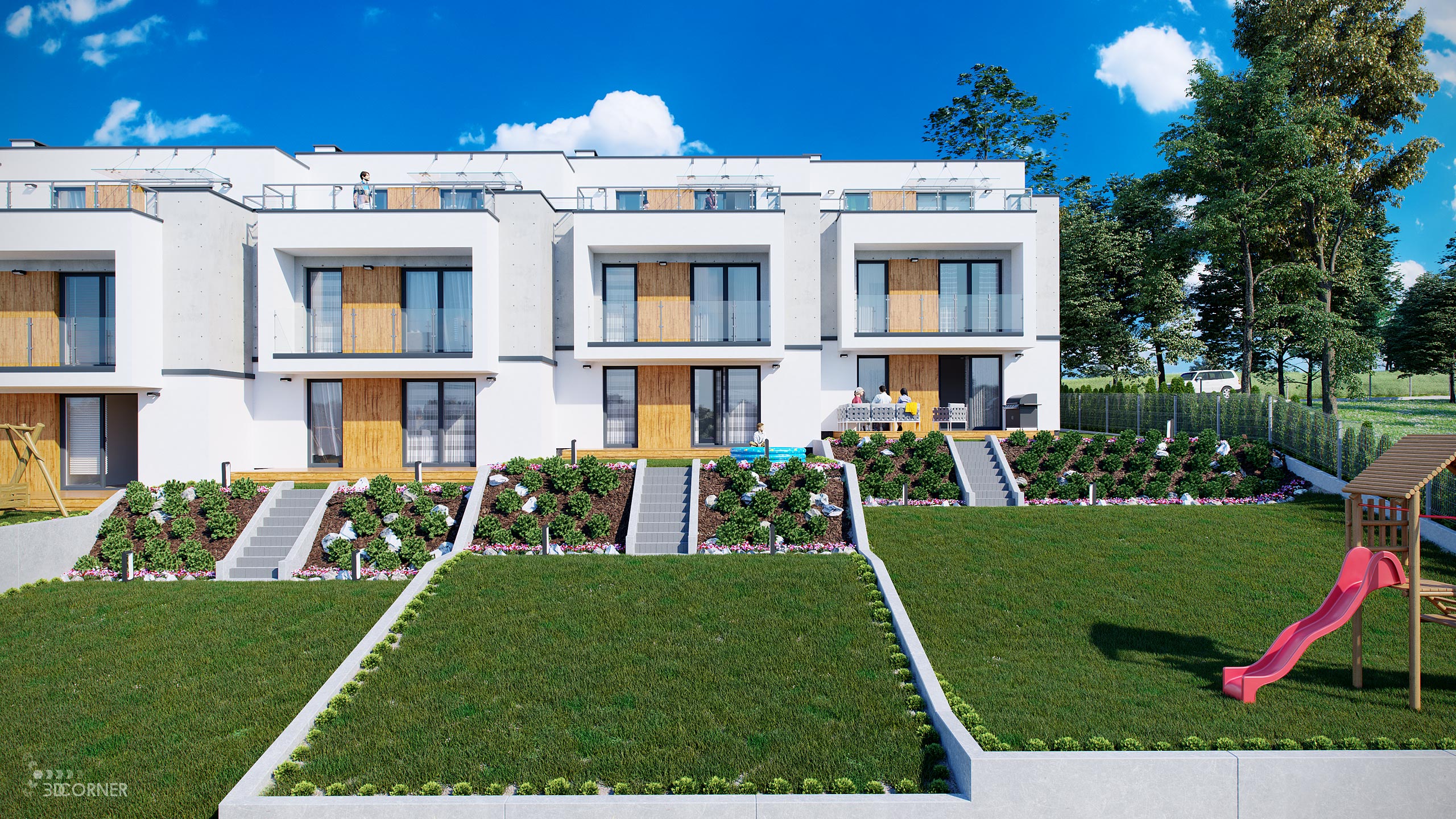visualization exterior photorealistic modern architecture apartment garden 3dcorner
