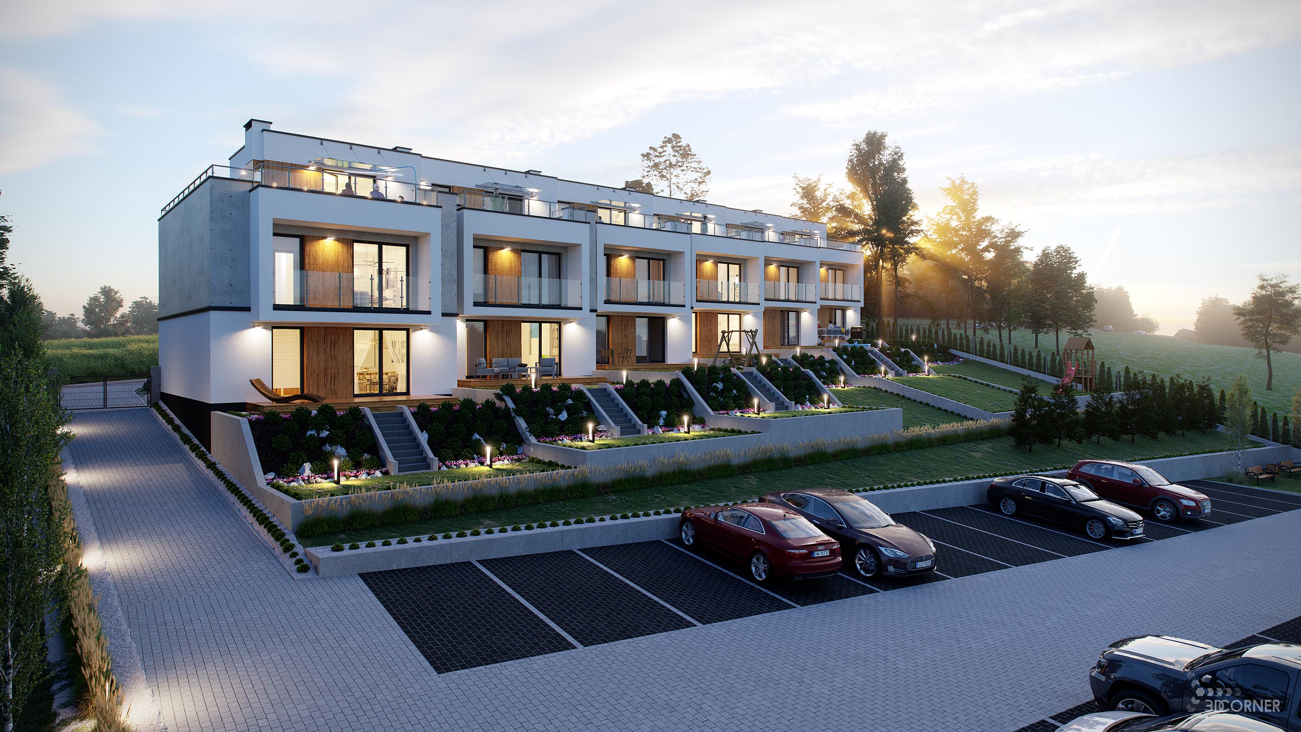 visualization exterior photorealistic modern architecture nigtht apartment 3dcorner
