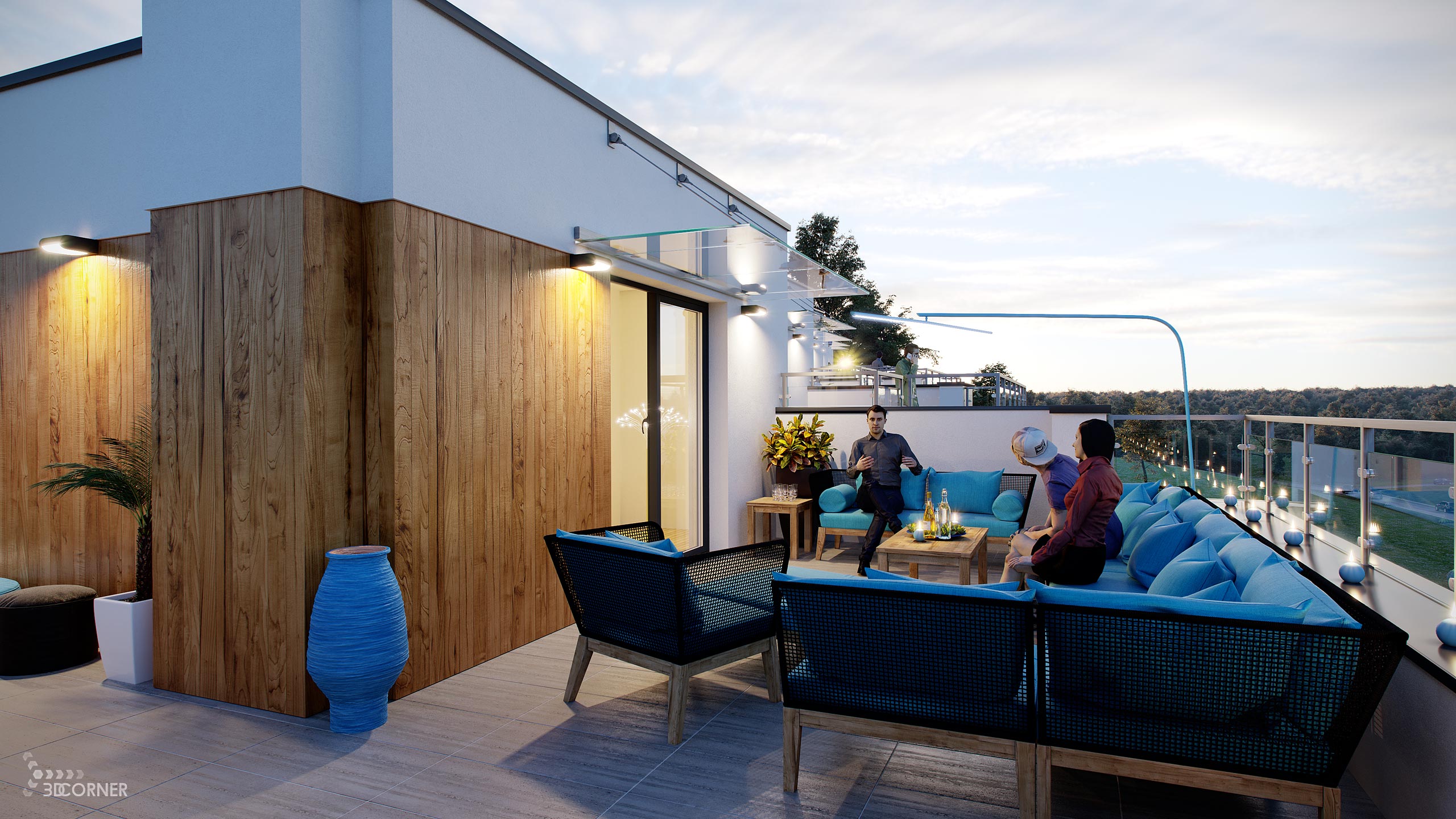 visualization exterior photorealistic modern architecture nigtht apartment terrace 3dcorner