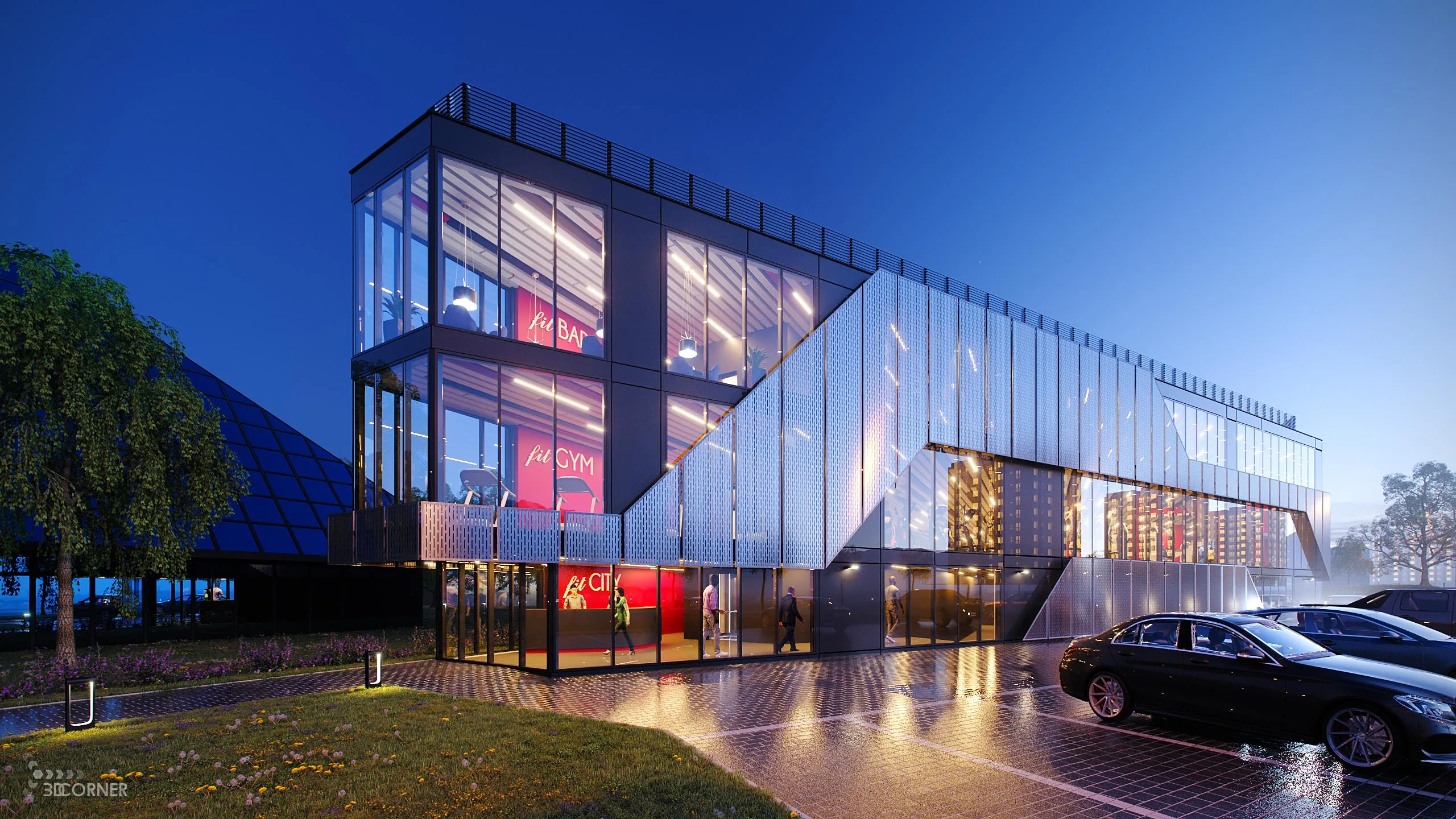 Exterior visualization of fitness and gym building design.