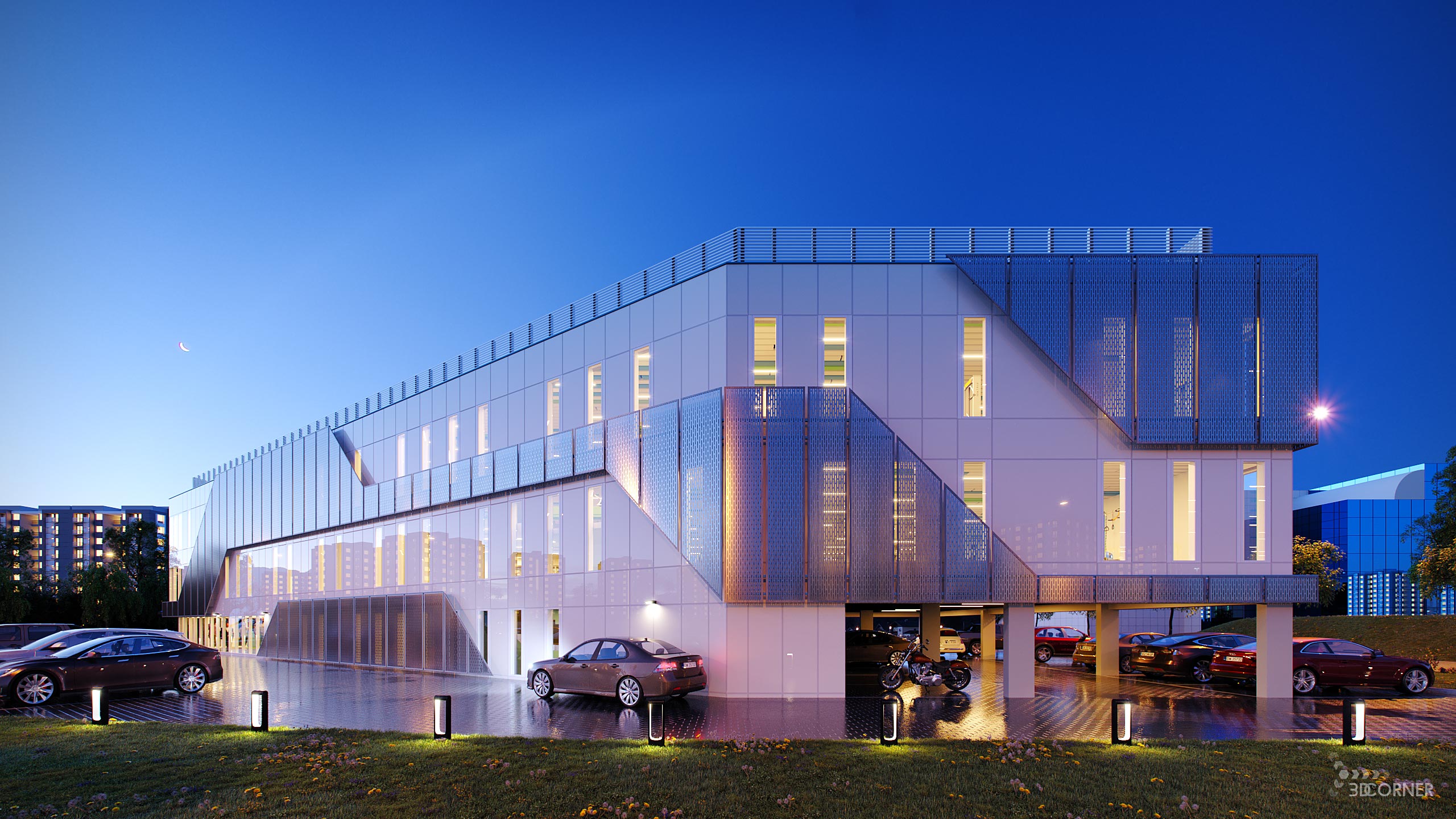 Exterior visualization of medical center building design.