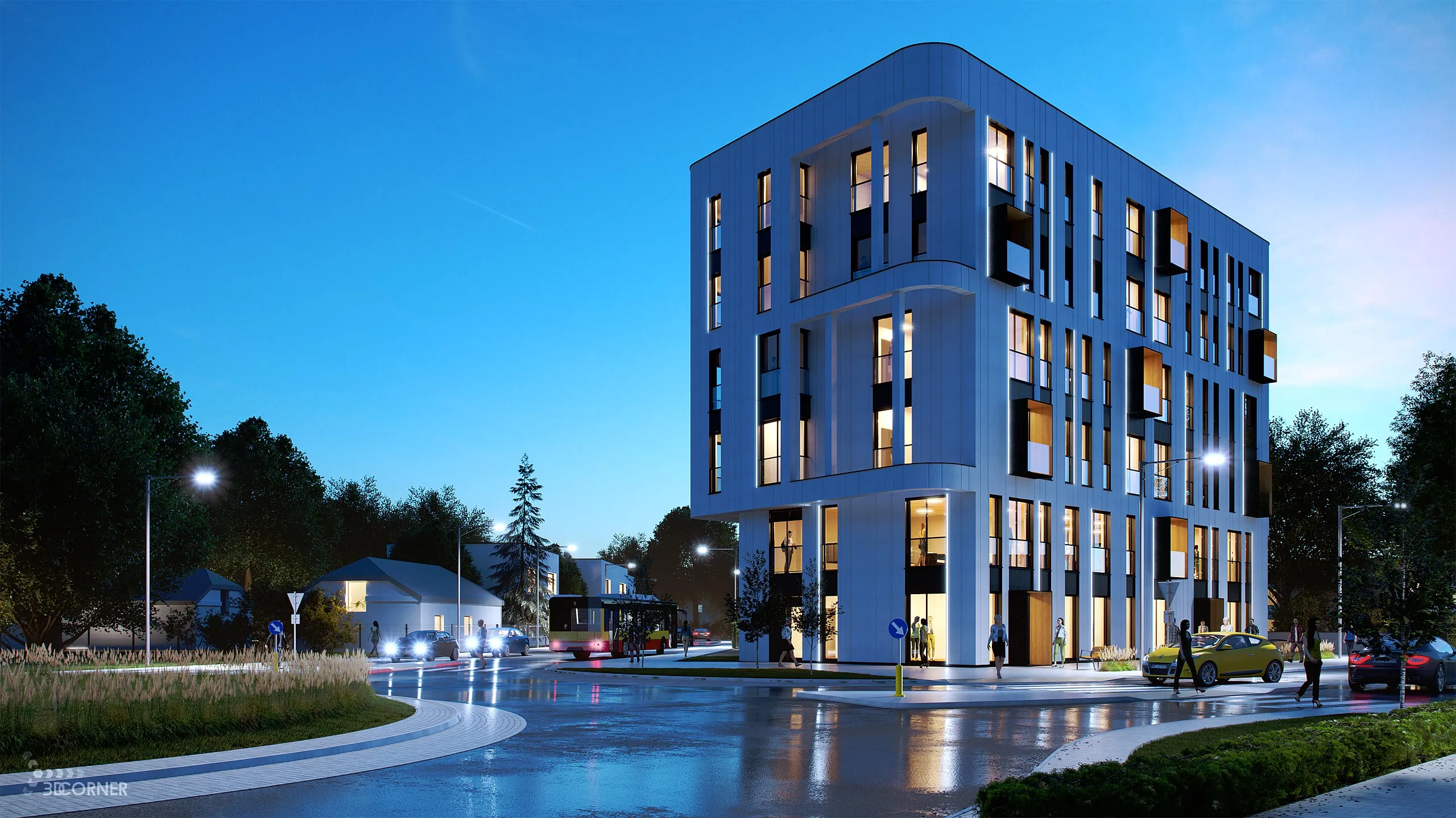 Photorealistic night architectural visualization of office building.
