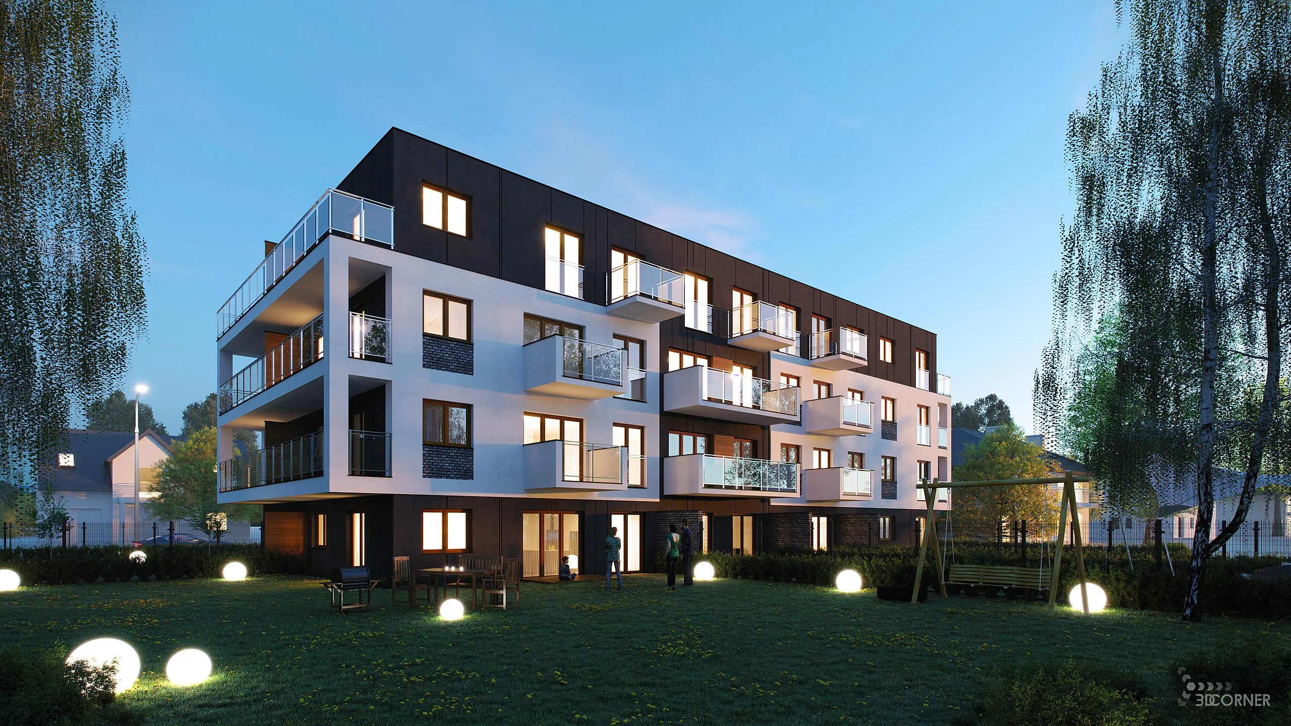 Photorealistic night architectural visualization of residential building.