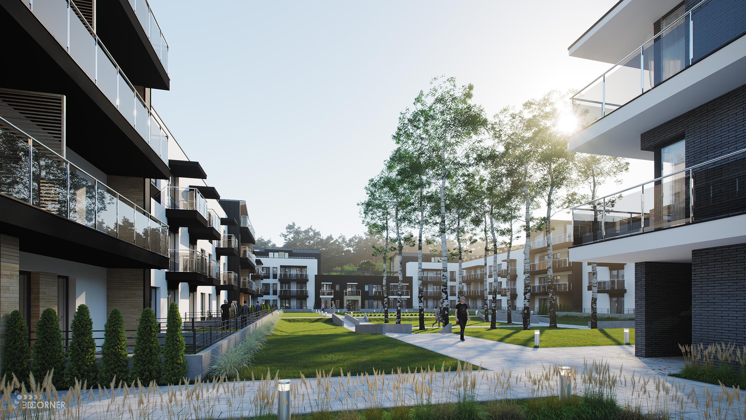 visualization exterior photorealistic modern architecture residential courtyard 3dcorner