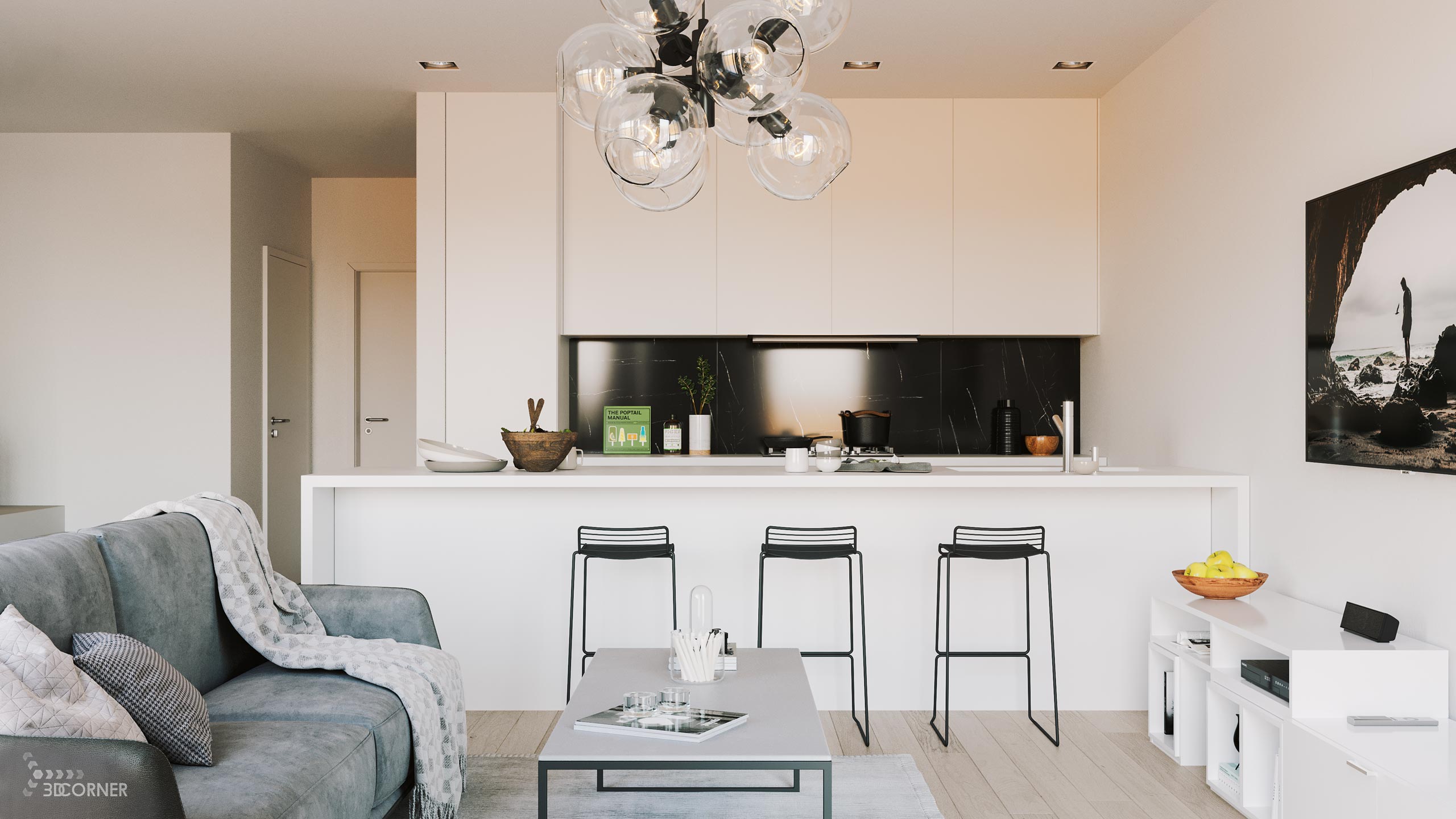visualization interior photorealistic modern architecture apartment kitchen 3dcorner