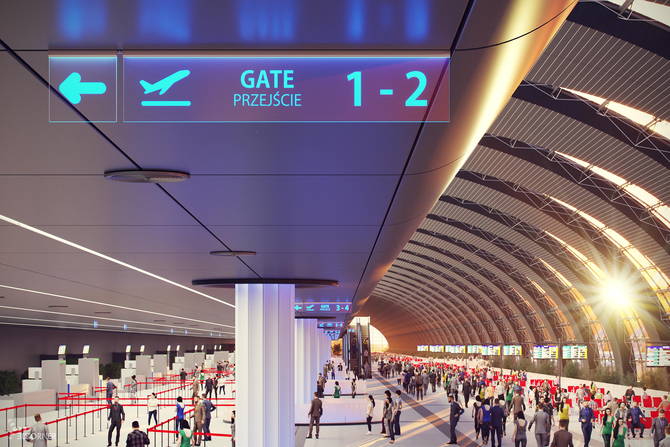 visualization photorealistic interior airport information board backlit lighting 3dcorner