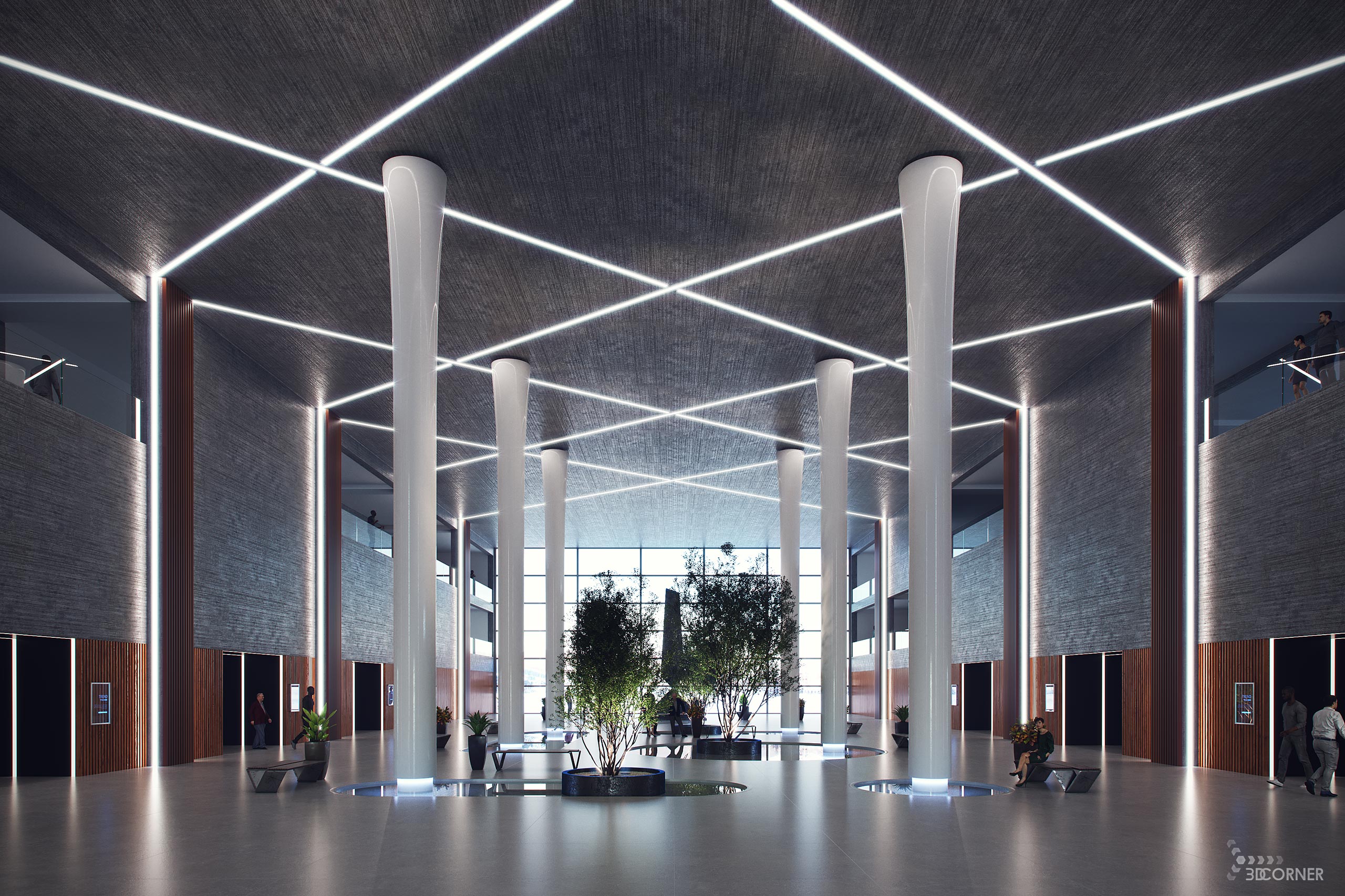 Photorealistic interior visualization of modern art museum hall