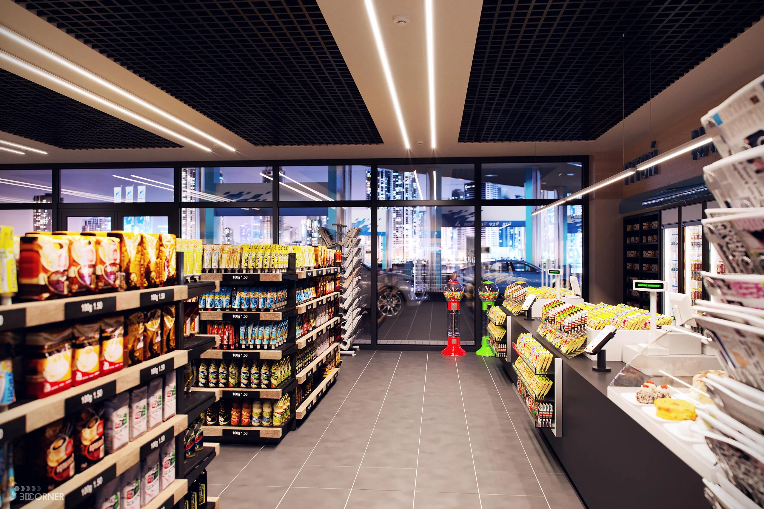 Interior visualization of petrol station shop.
