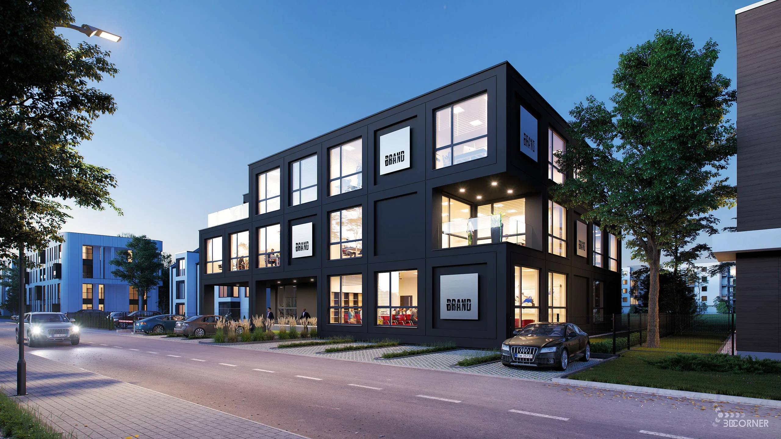 visualization exterior photorealistic modern architecture night office black 3d corner