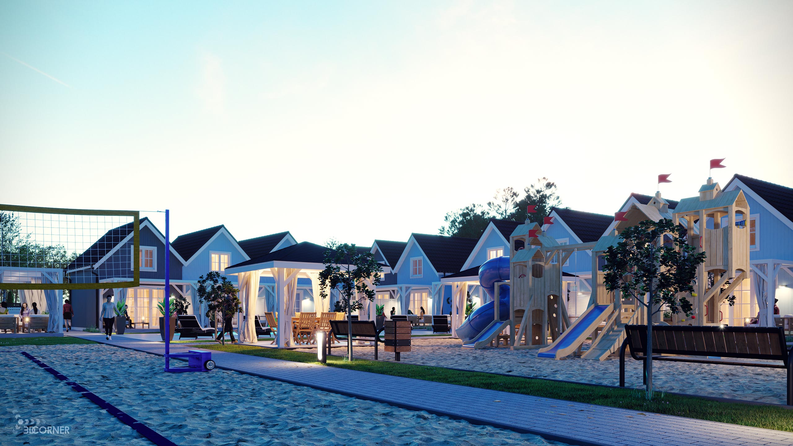 Architectural visualization of contemporary holiday resort near Baltic Sea.