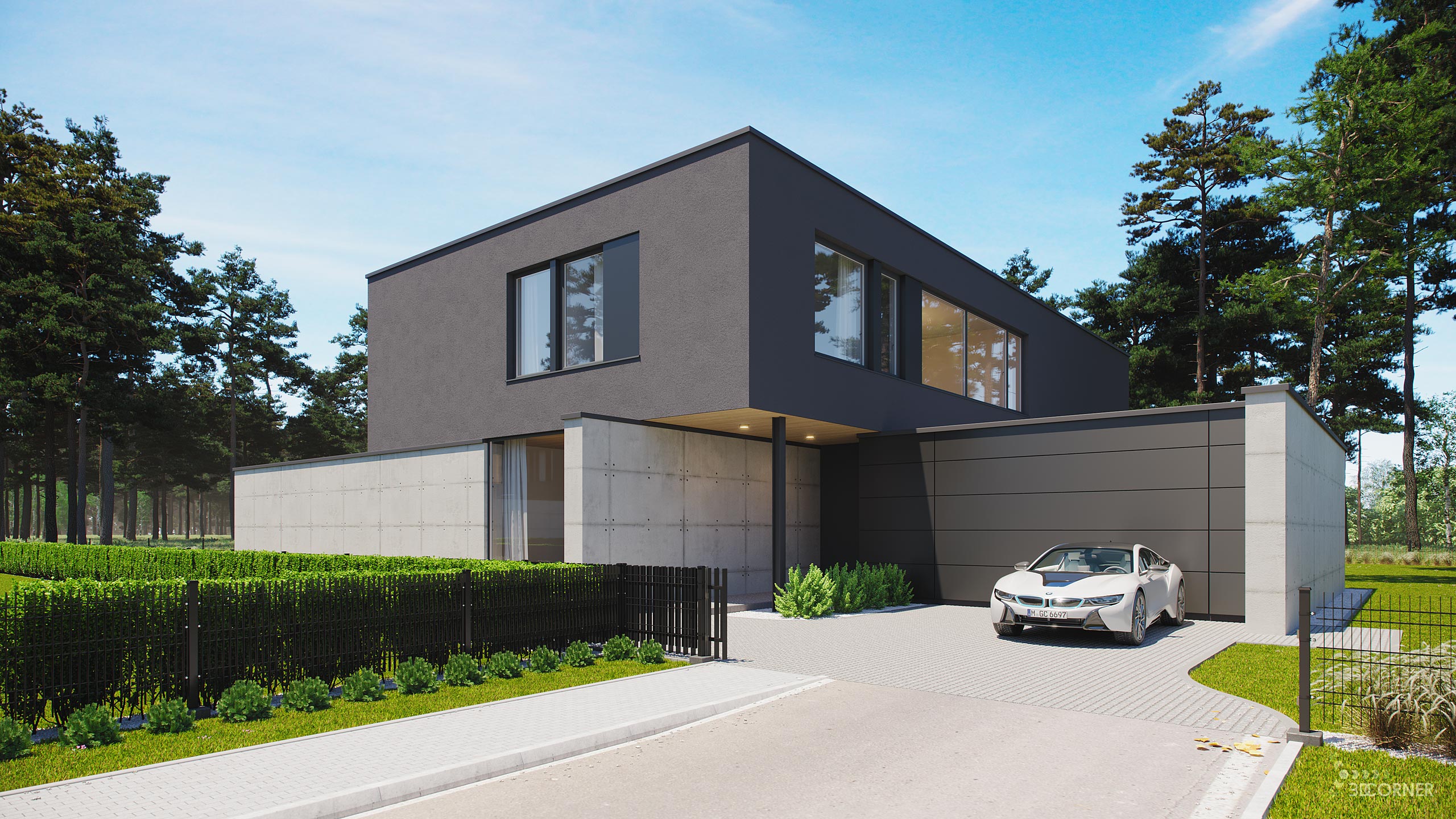 Exterior architecture visualization of modern residential houses by 3D Corner.