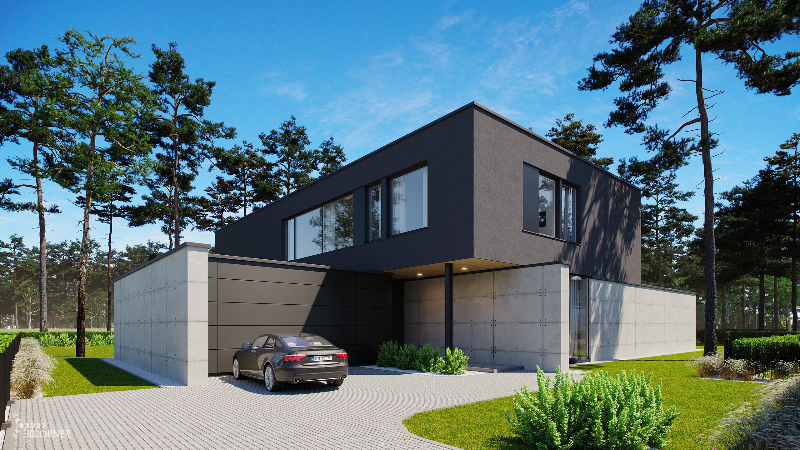 Exterior architecture visualization of modern residential houses by 3D Corner.