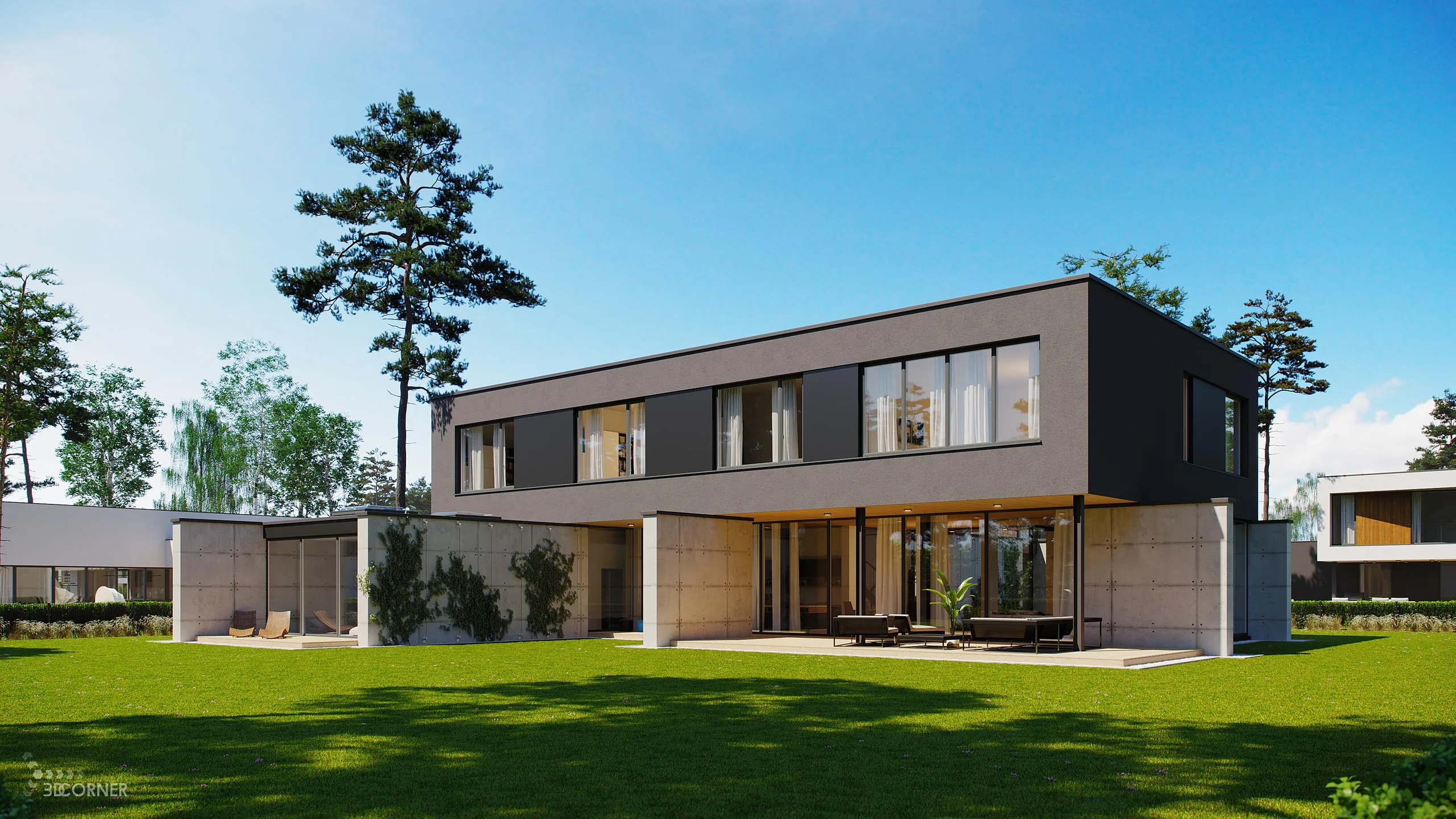 Exterior architecture visualization of modern residential houses by 3D Corner.