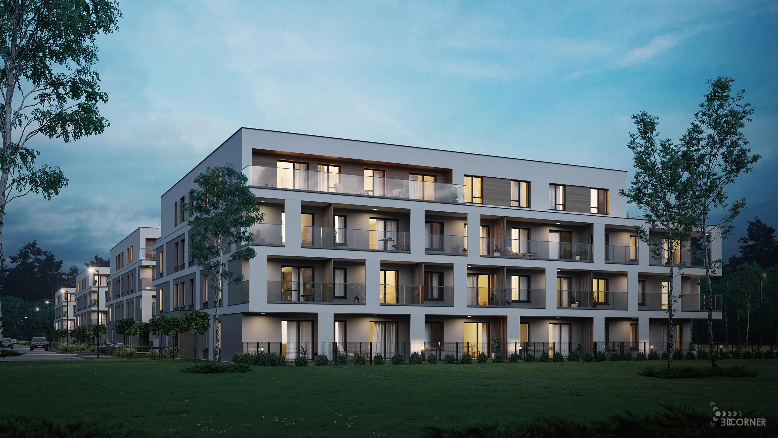 visualization 3d rendering architectural archviz residential contenporary apartmets night 3d corner