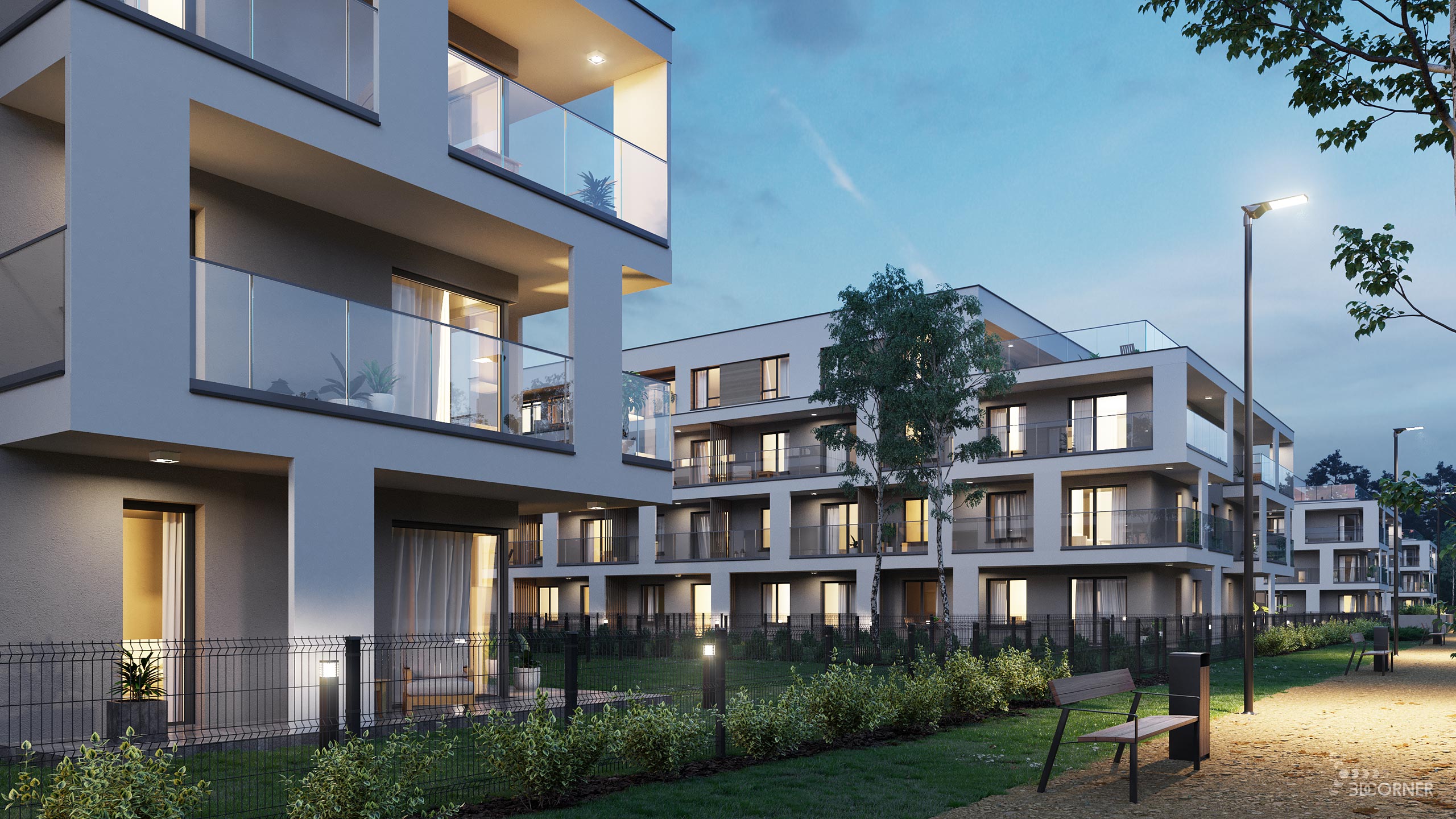 visualization 3d rendering architectural archviz residential contenporary apartmets night 3d corner