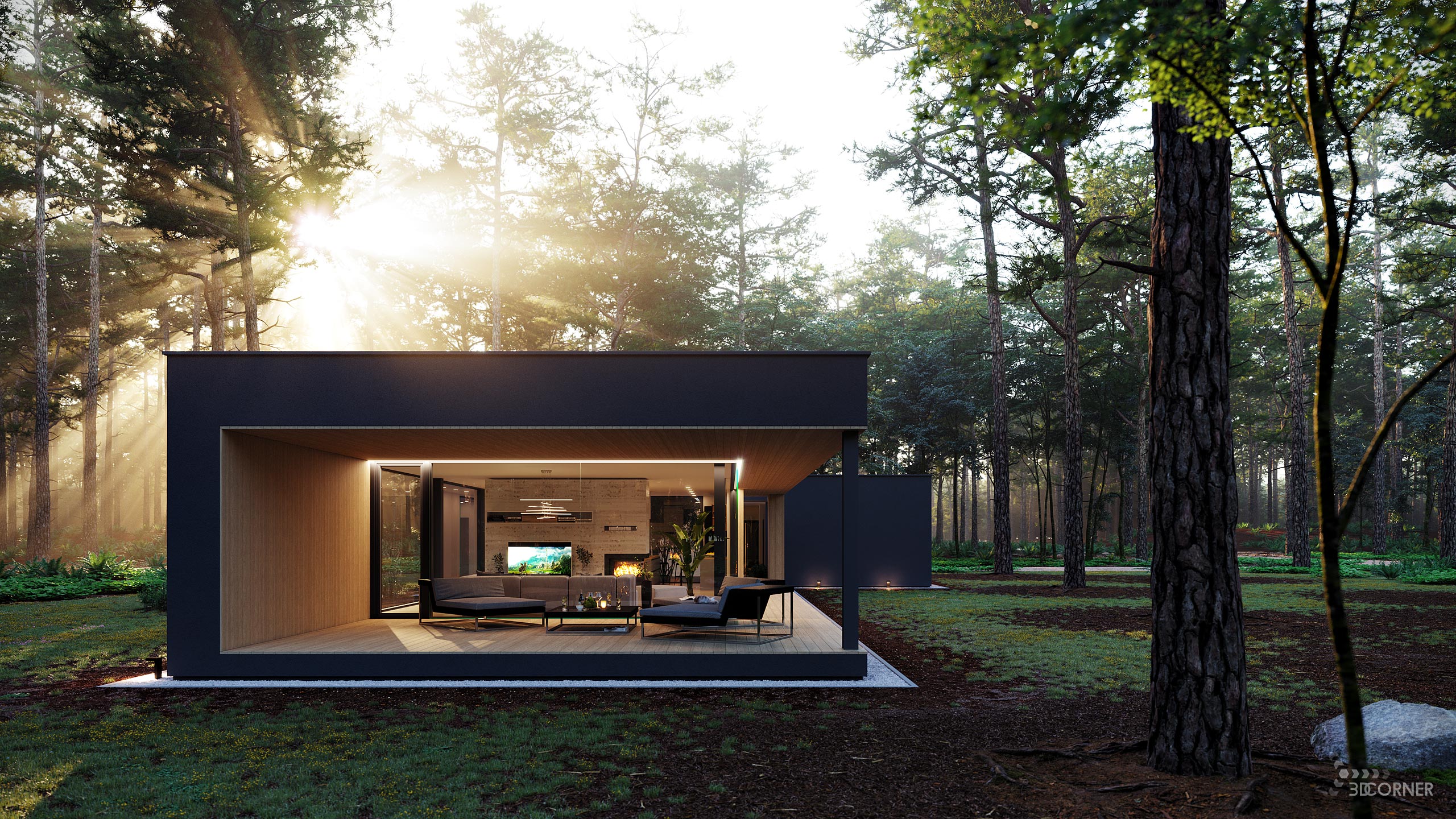 Exterior architecture visualization of modern house in forest by 3D Corner