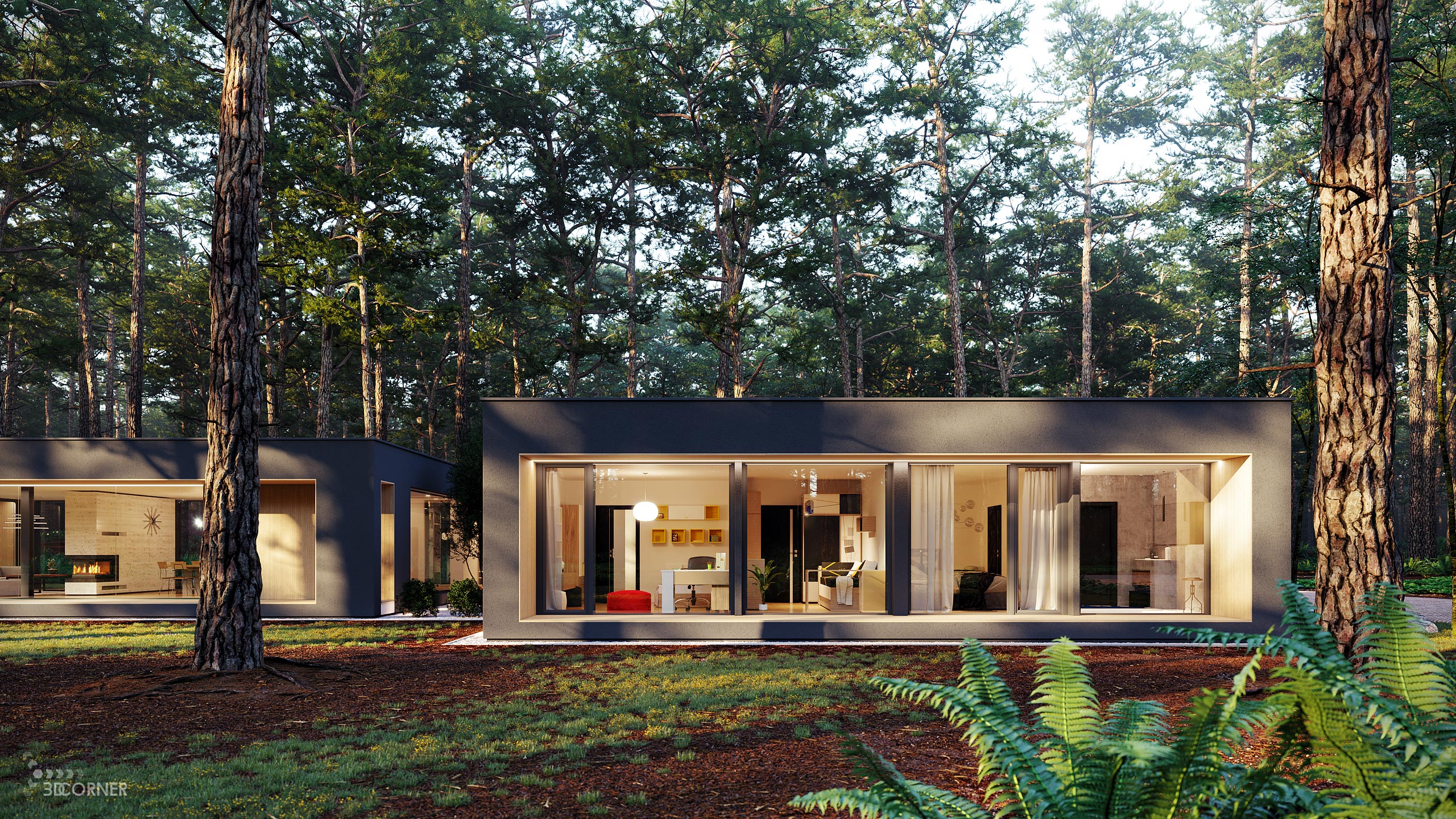 Exterior architecture visualization of modern house in forest by 3D Corner
