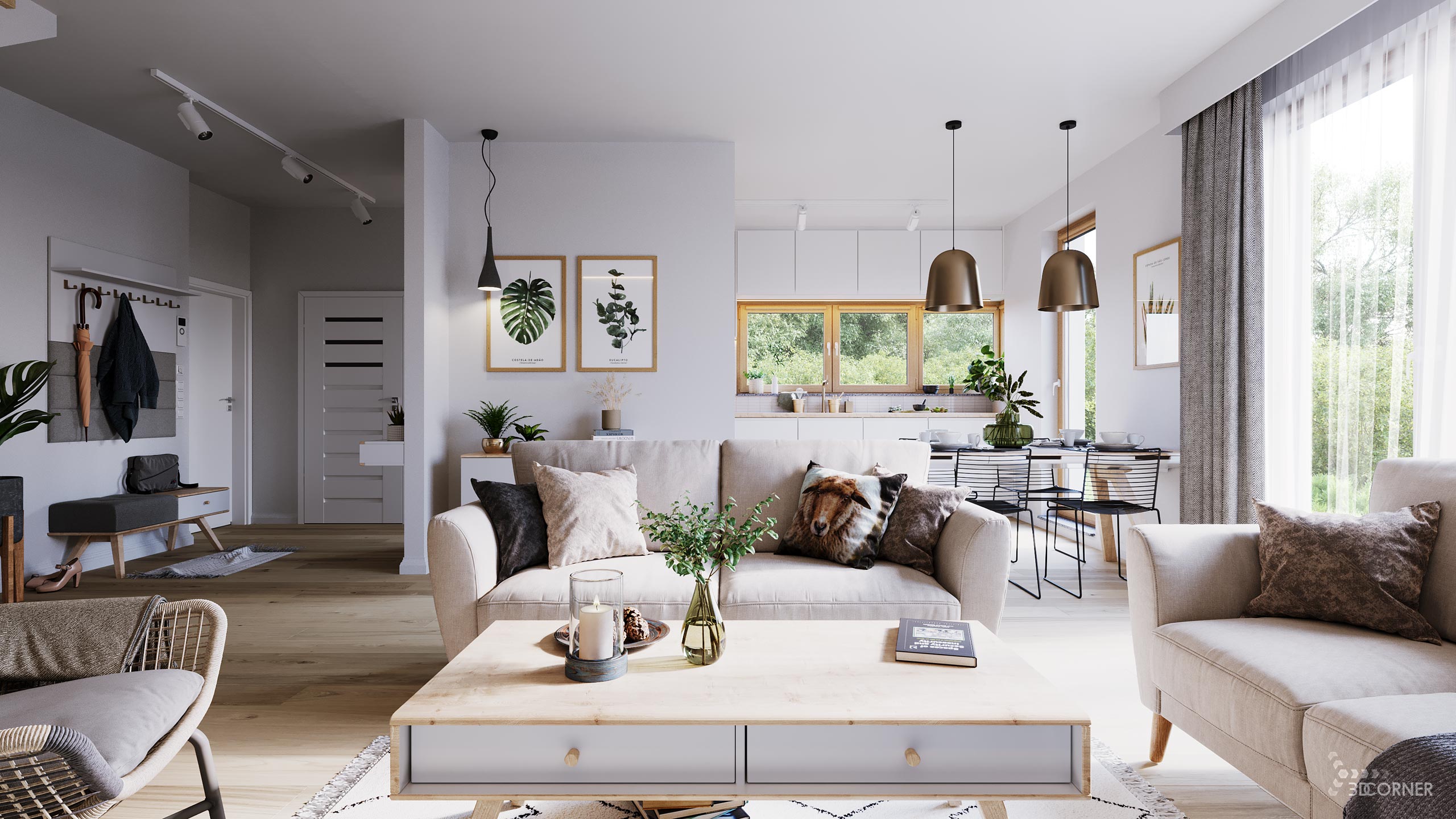 visualization 3d rendering archviz architectural salon living room kitchen contemporary 3d corner