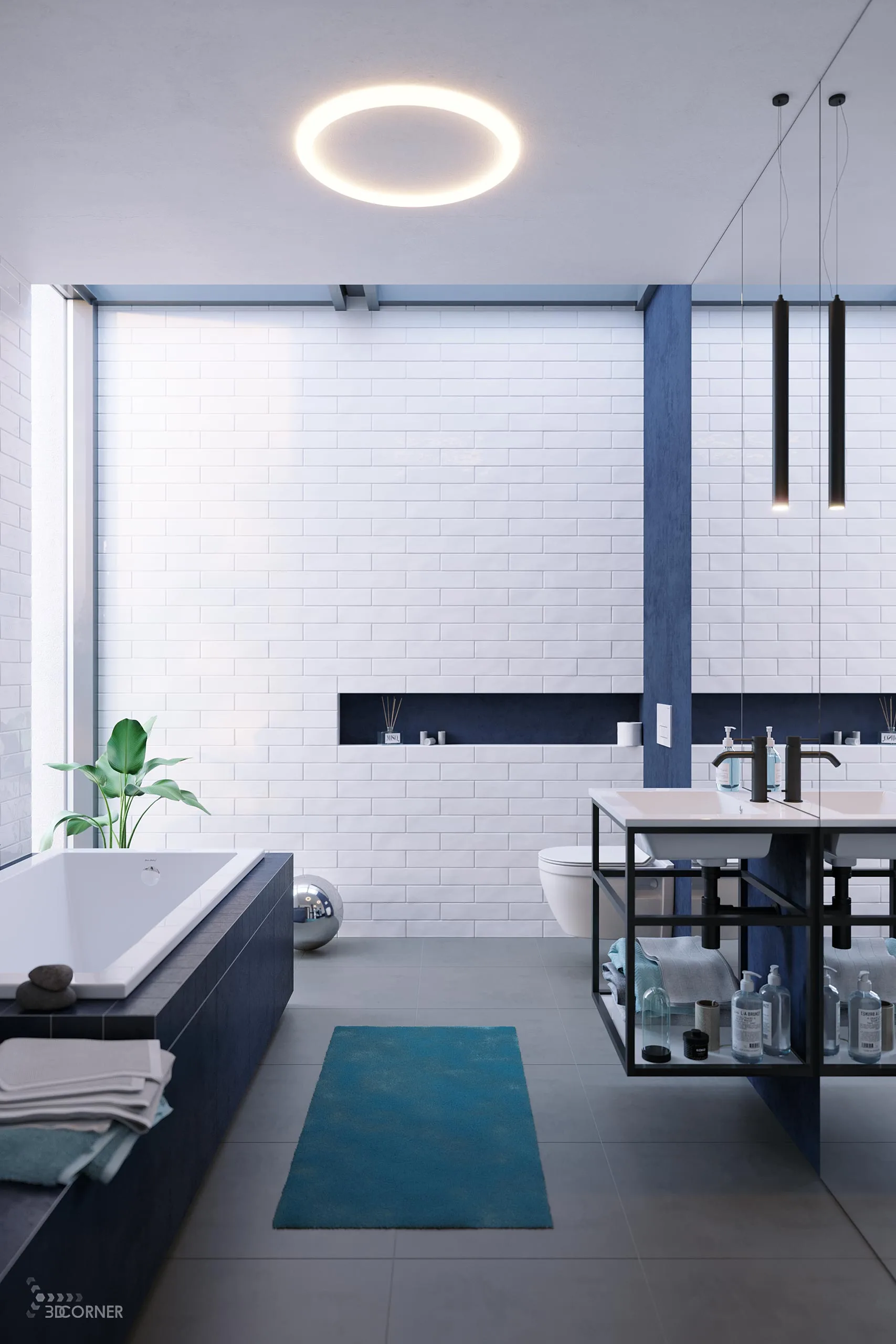 visualization 3d rendering archviz architectural bathroom blue bright contemporary corner