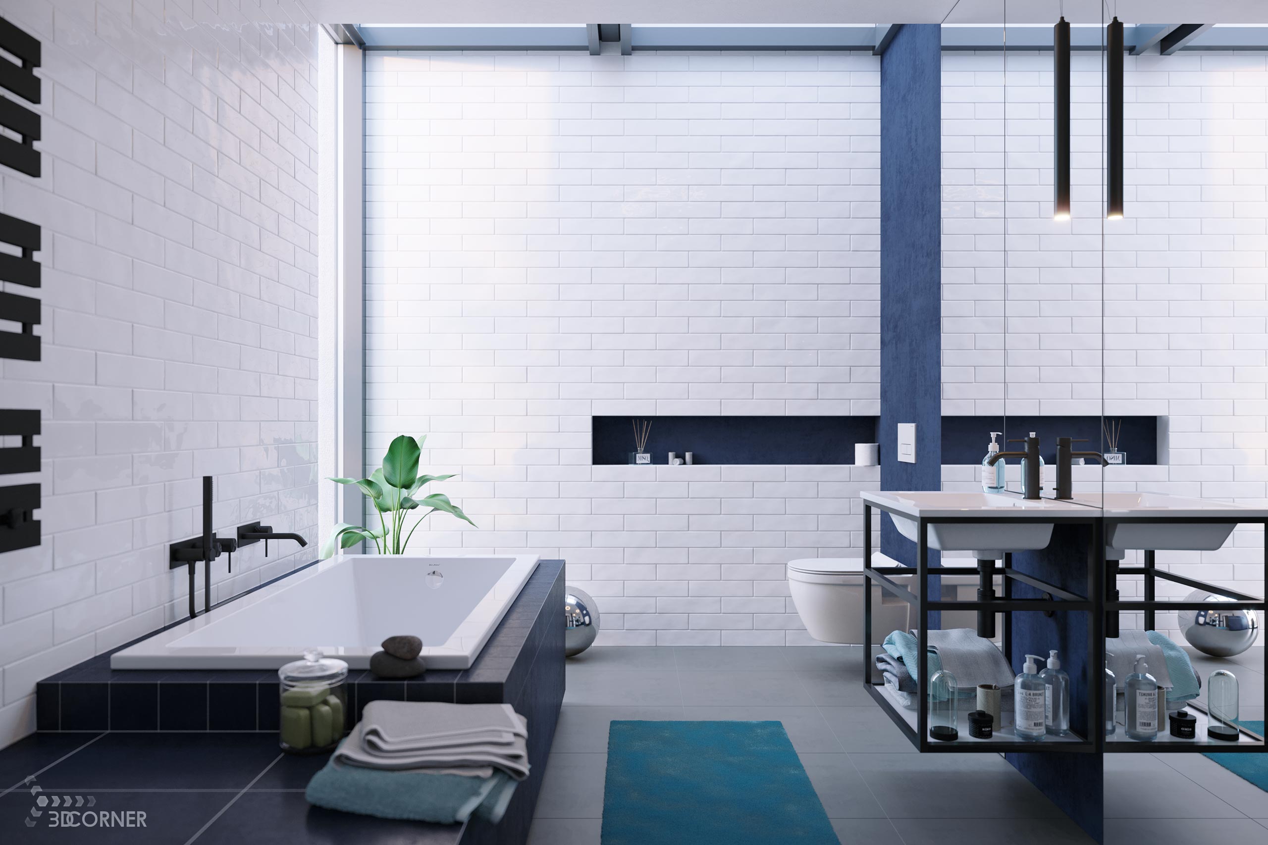 visualization 3d rendering archviz architectural bathroom blue bright contemporary corner